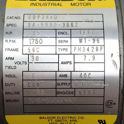 Used Baldor CDP3440 DC Motor, 0.75HP 90VDC 7.9A, 1750RPM, ø5/8in Shaft, 56C Frame