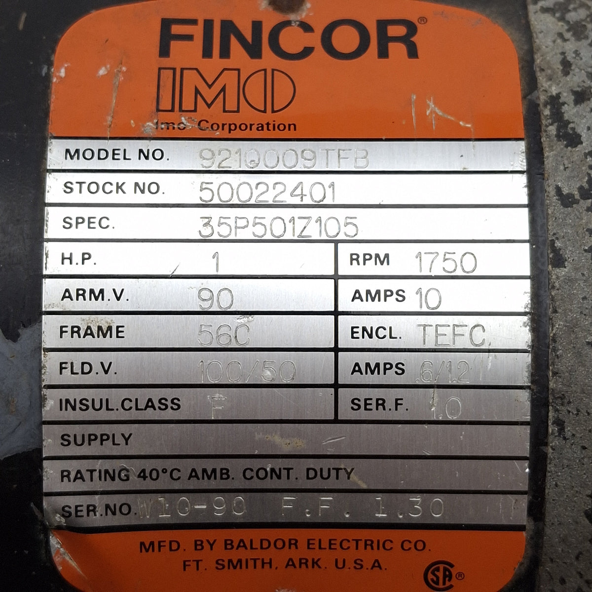 Used Fincor 9210009TFB DC Motor, 1HP 90VDC 10A, 1750RPM, ø5/8in Shaft, 56C Frame