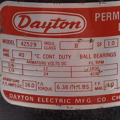 Used Dayton 4Z529 PM DC Motor, 1/6HP or 1/3HP 12/24VDC 16A, 1800/4200RPM, ø1/2" Shaft