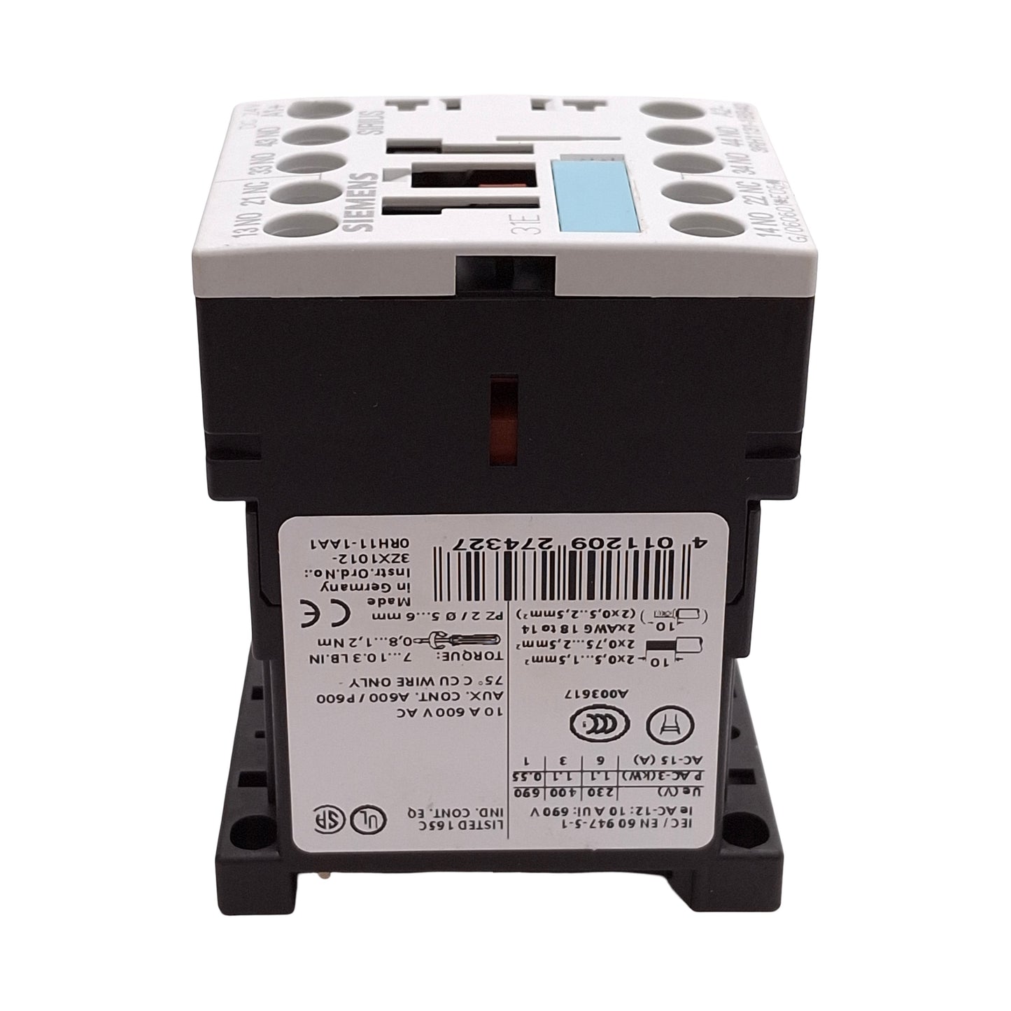 Used Siemens 3RH1131-1BB40 Contactor, 3NO+1NC, 1.1kW @ 400VAC 3A, 24VDC Coil