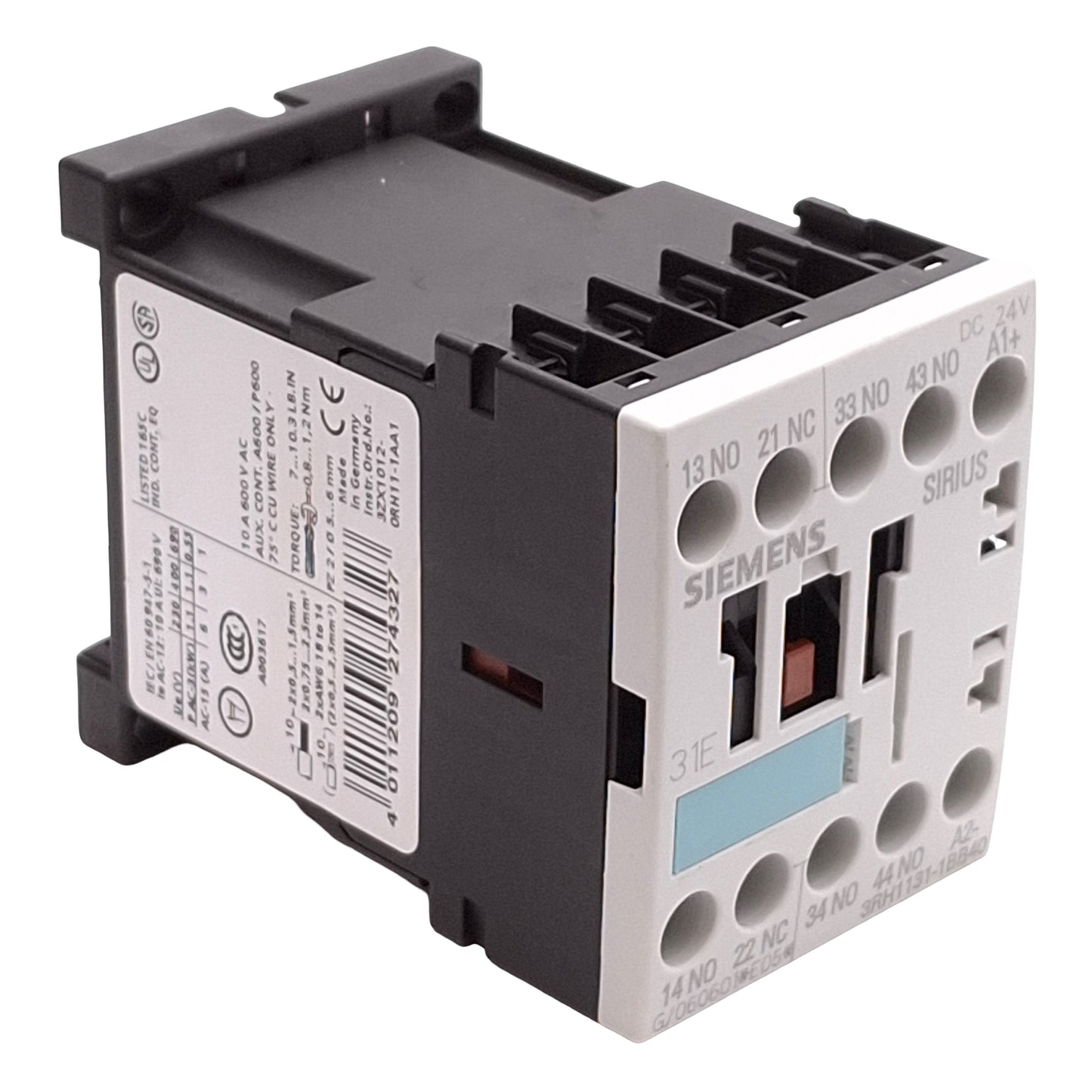 Used Siemens 3RH1131-1BB40 Contactor, 3NO+1NC, 1.1kW @ 400VAC 3A, 24VDC Coil