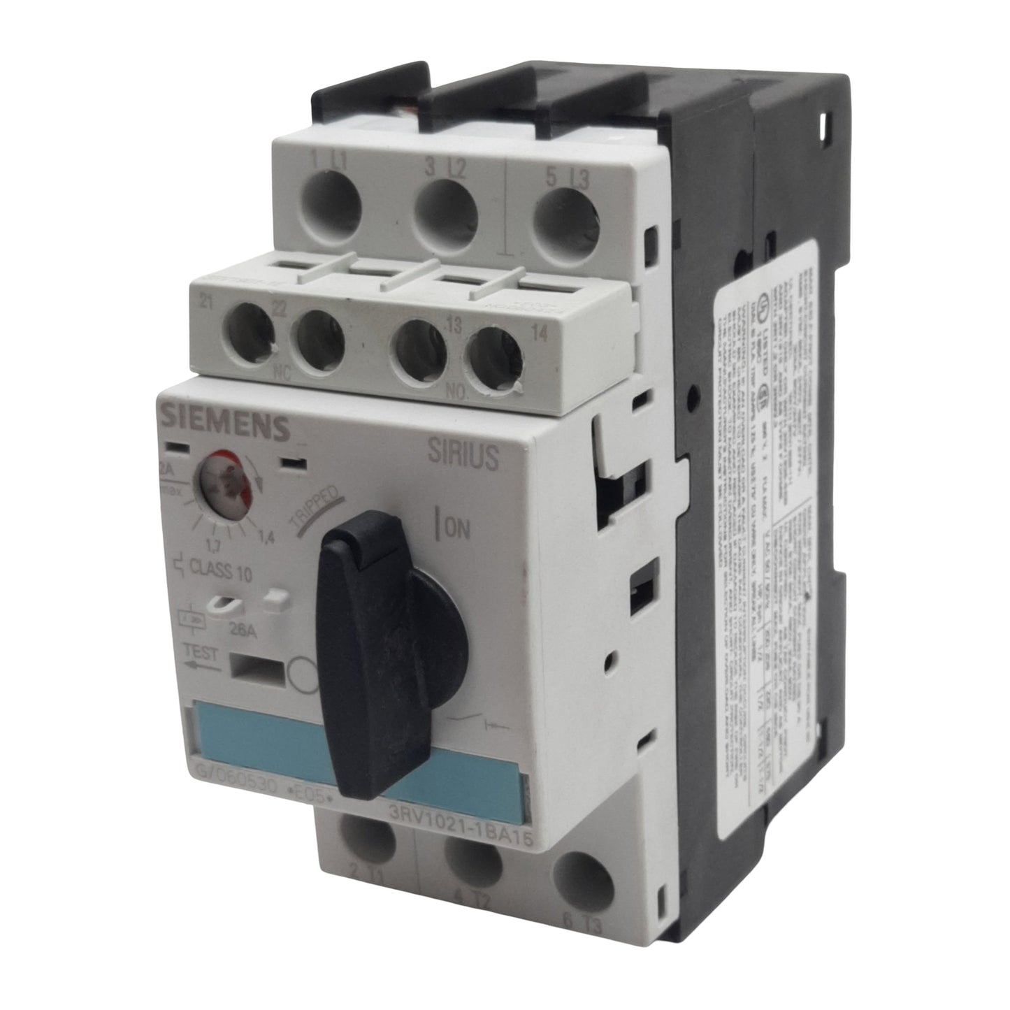 Used Siemens 3RV1021-1BA15 Motor Starter, 3-Pole 1NO 1NC, 1.4-2A 600VAC, DIN Rail