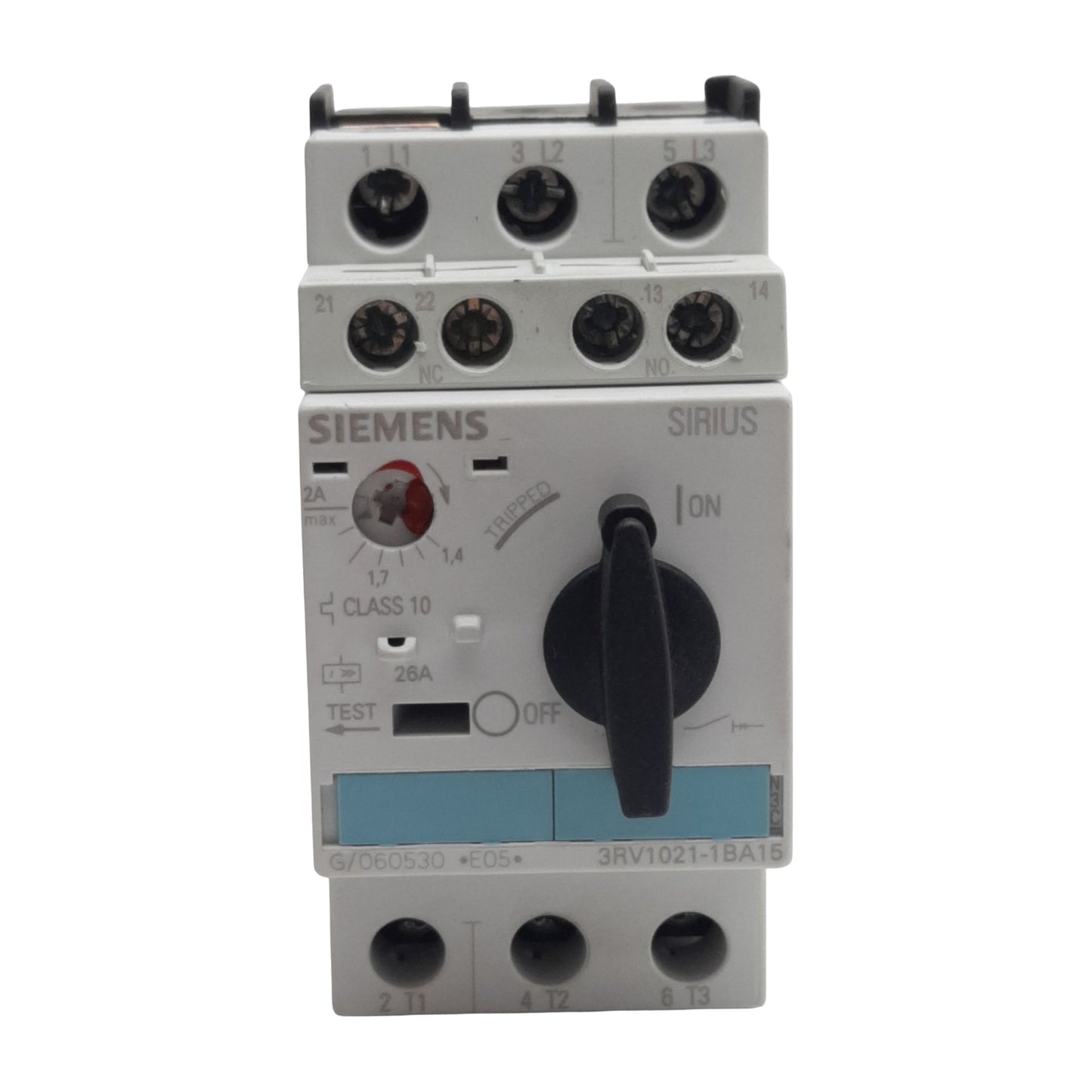 Used Siemens 3RV1021-1BA15 Motor Starter, 3-Pole 1NO 1NC, 1.4-2A 600VAC, DIN Rail