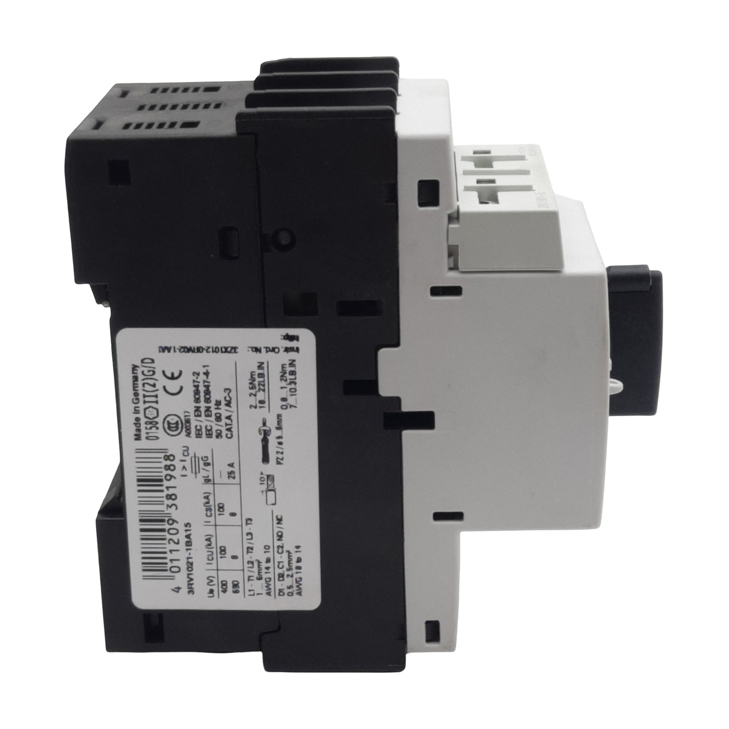 Used Siemens 3RV1021-1BA15 Motor Starter, 3-Pole 1NO 1NC, 1.4-2A 600VAC, DIN Rail