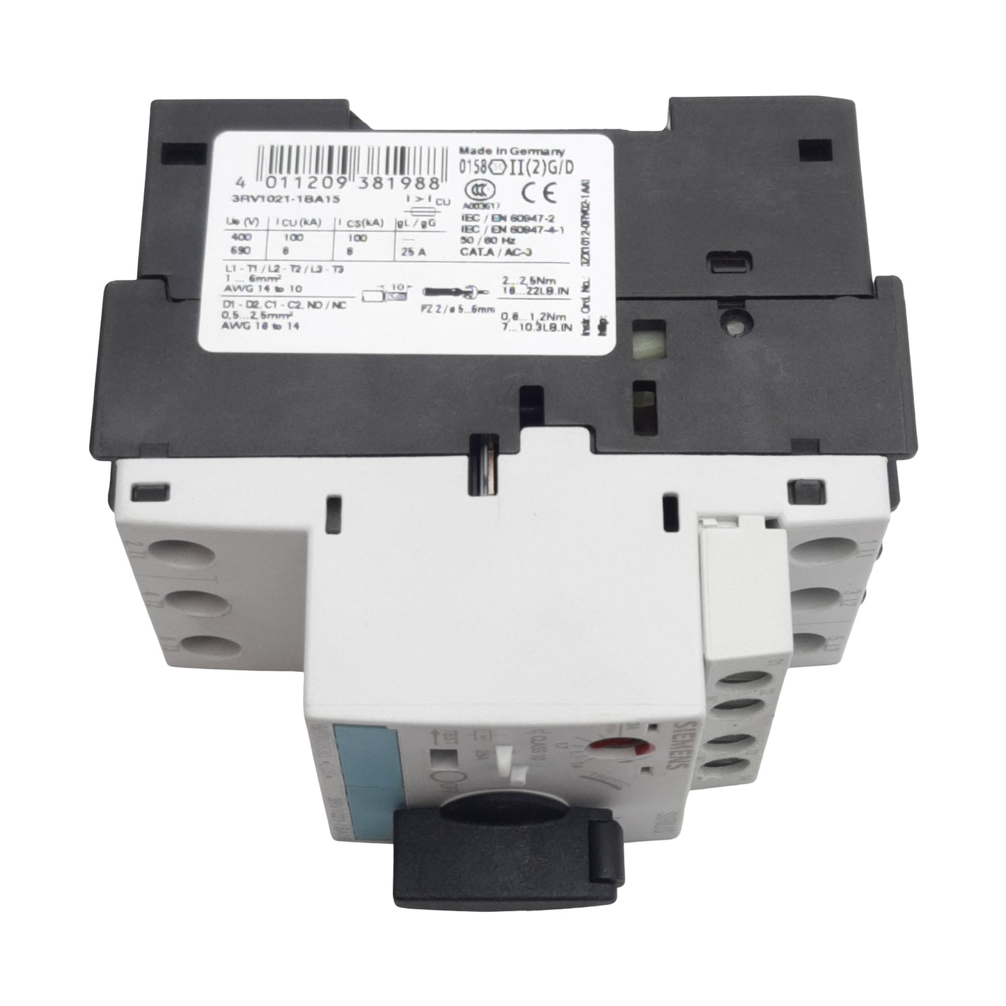 Used Siemens 3RV1021-1BA15 Motor Starter, 3-Pole 1NO 1NC, 1.4-2A 600VAC, DIN Rail