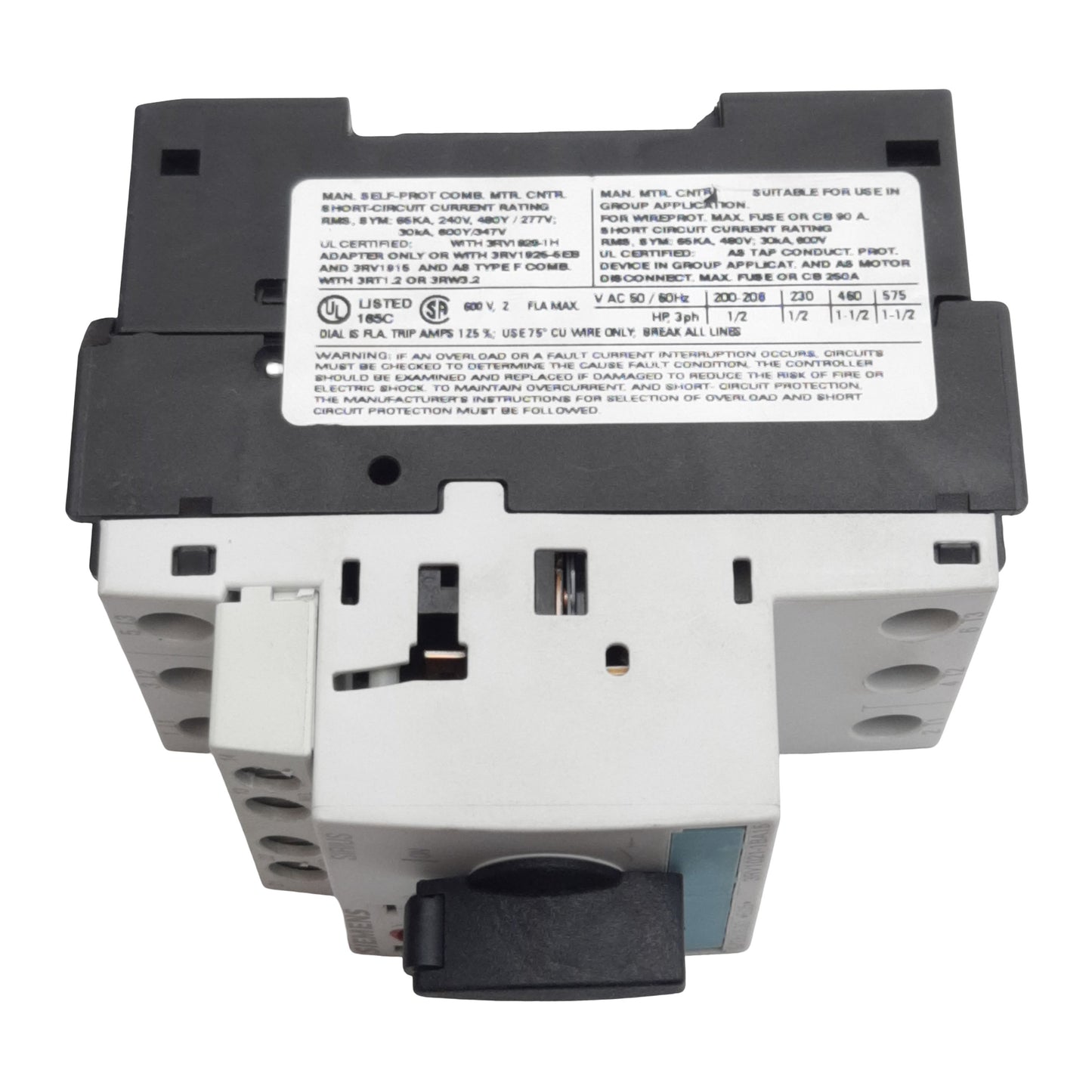 Used Siemens 3RV1021-1BA15 Motor Starter, 3-Pole 1NO 1NC, 1.4-2A 600VAC, DIN Rail