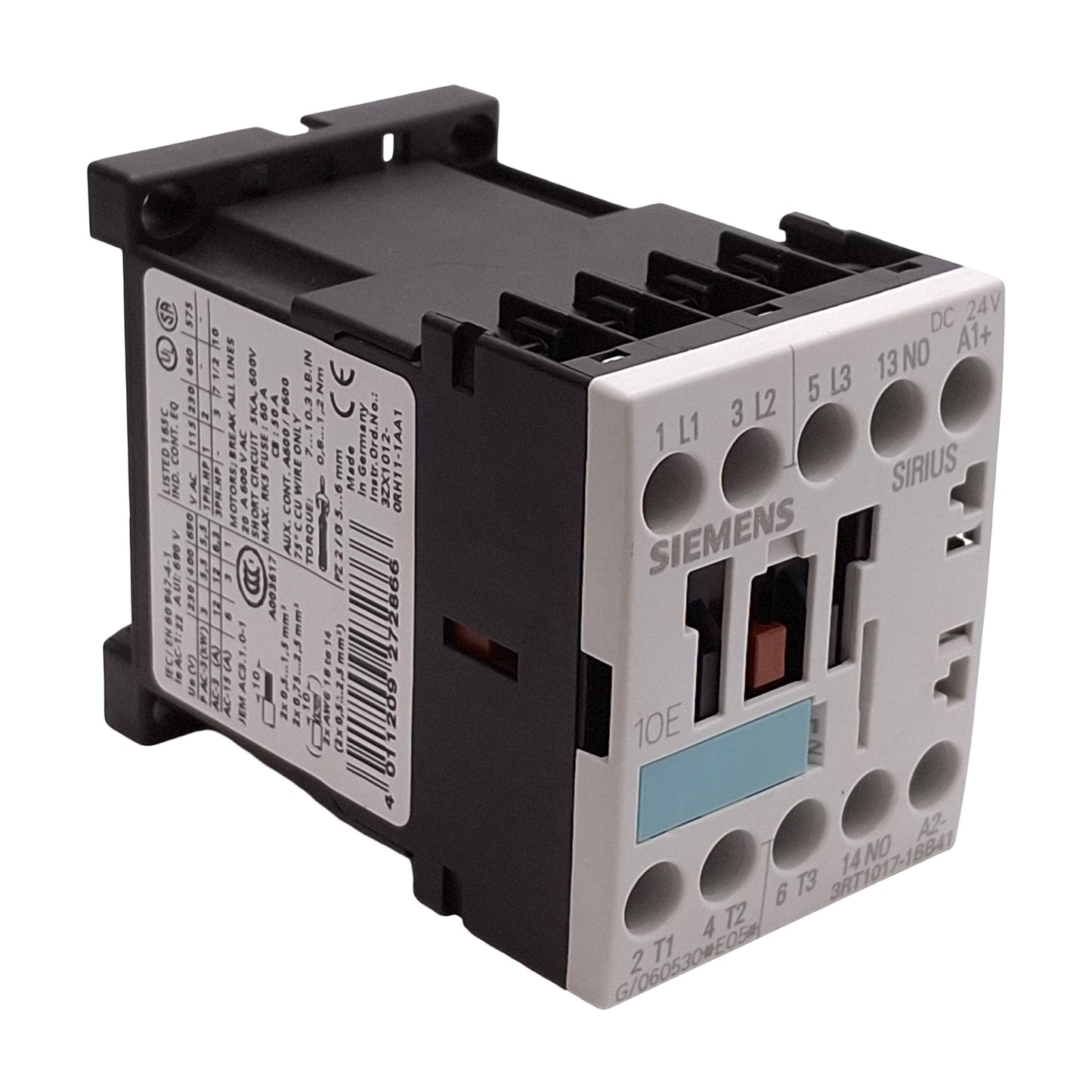 Used Siemens 3RT1017-1BB41 Contactor, 3-Pole + 1NO Aux, 5.5kW @ 400VAC, 24VDC Coil
