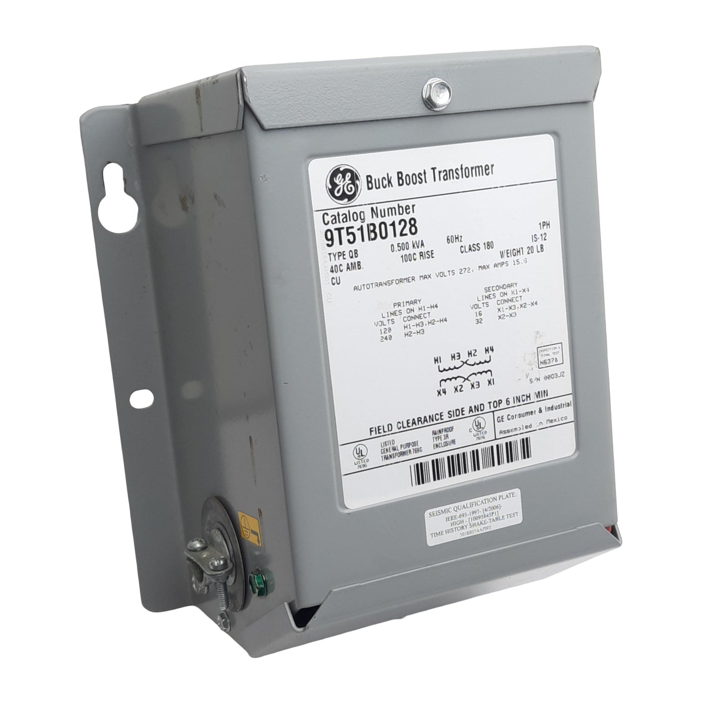 Used General Electric 9T51B0128 Buck Boost Transformer, 120/240VAC Pri, 16/32VAC Sec