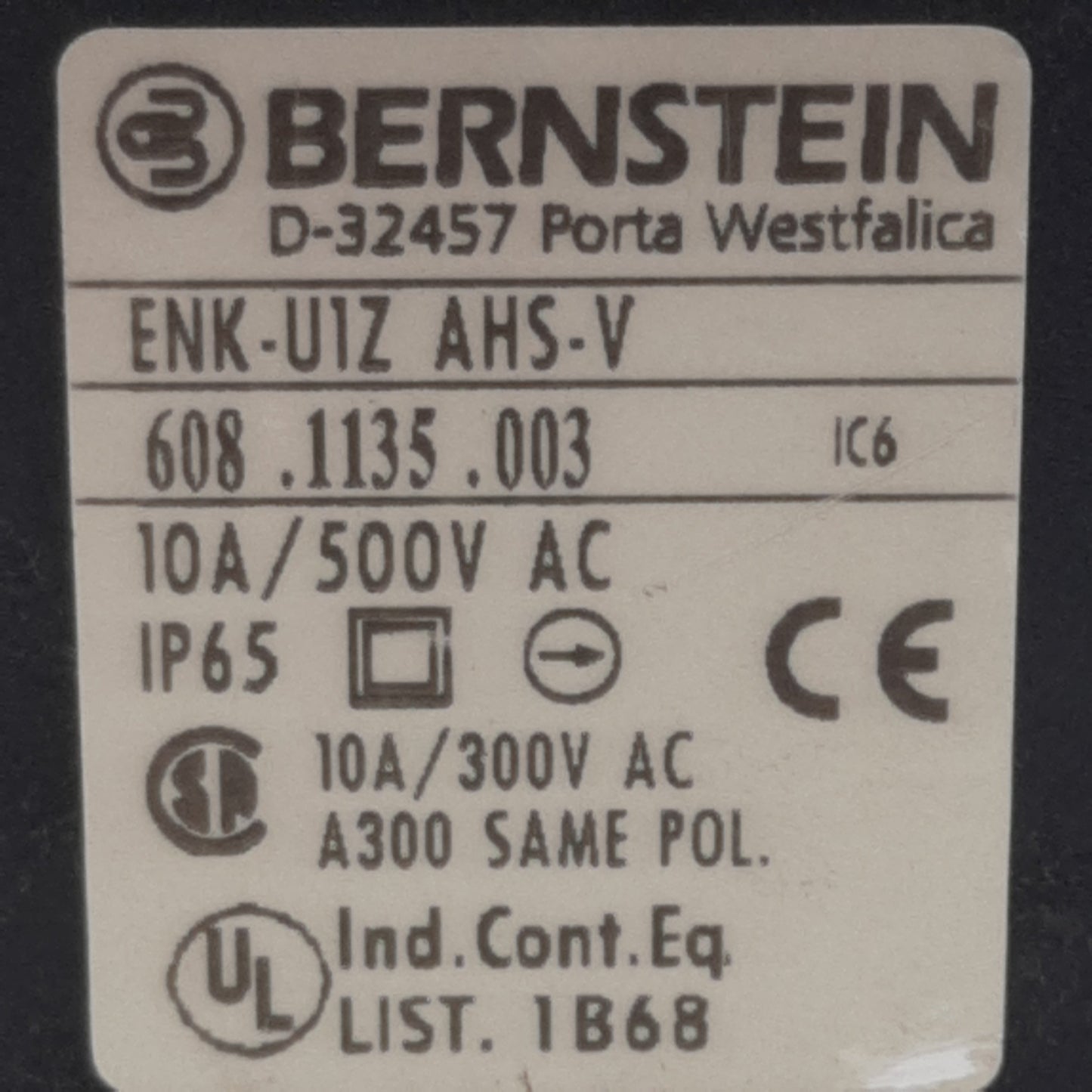 Used Bernstein ENK-U1Z-AHS-V Limit Switch, NO + NC, 10A 500VAC, *Modified Actuator*