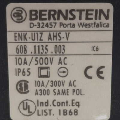 Used Bernstein ENK-U1Z-AHS-V Limit Switch, NO + NC, 10A 500VAC, *Modified Actuator*