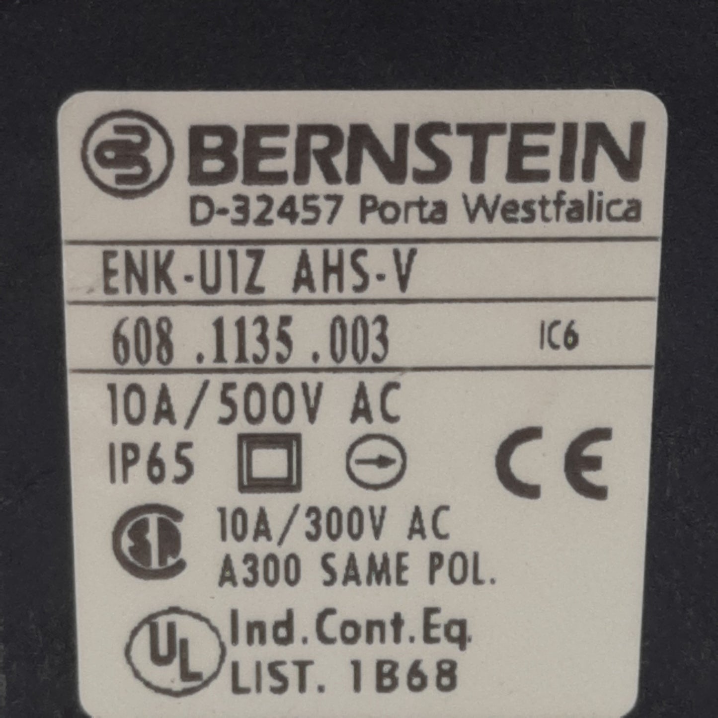 Used Bernstein ENK-U1Z-AHS-V Limit Switch, NO + NC, 10A 500VAC *Modified Actuator*