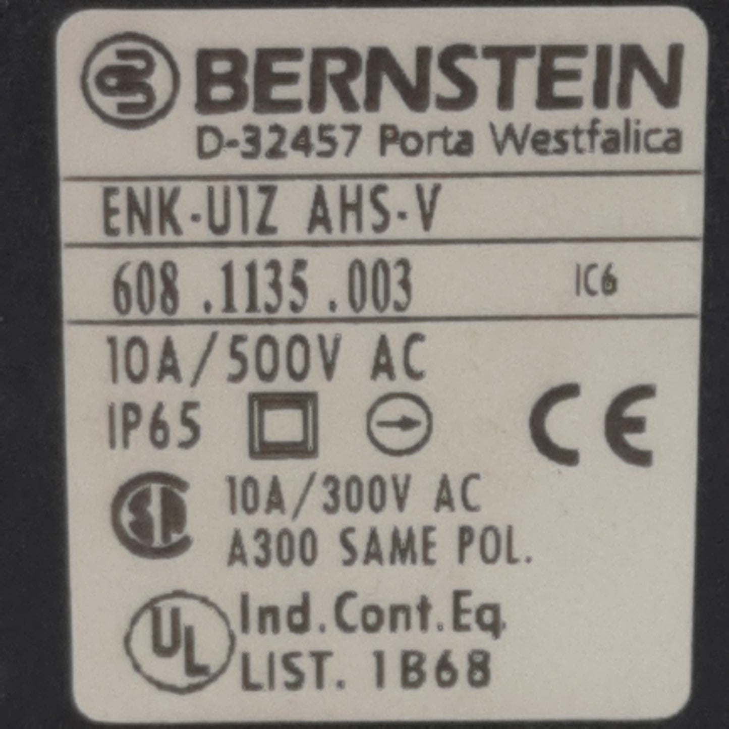 Used Bernstein ENK-U1Z-AHS-V Limit Switch, N.O + N.C, 10A 500VAC, *Modified Actuator*