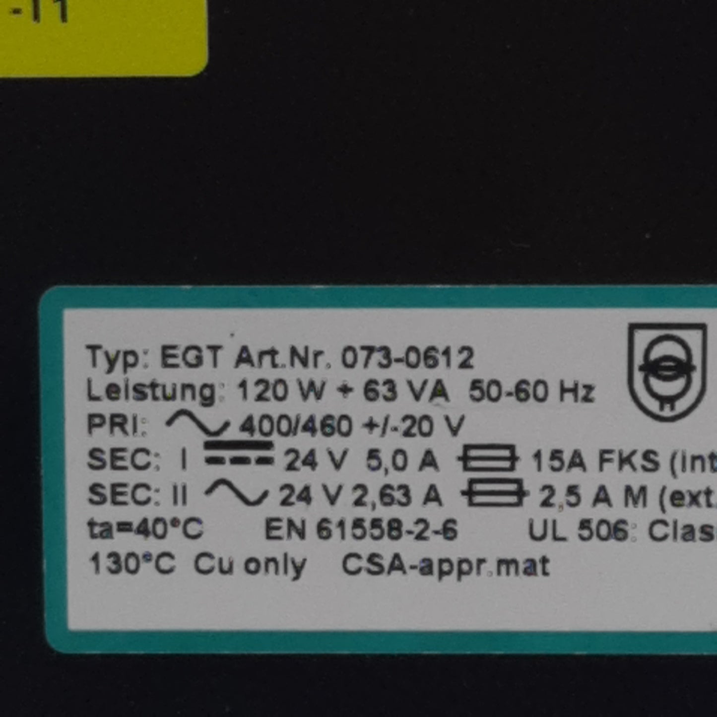 Used SBA 073-0612 EGT Transformer, 400/460VAC Pri, 24VDC 5A & 24VAC 2.63A Sec