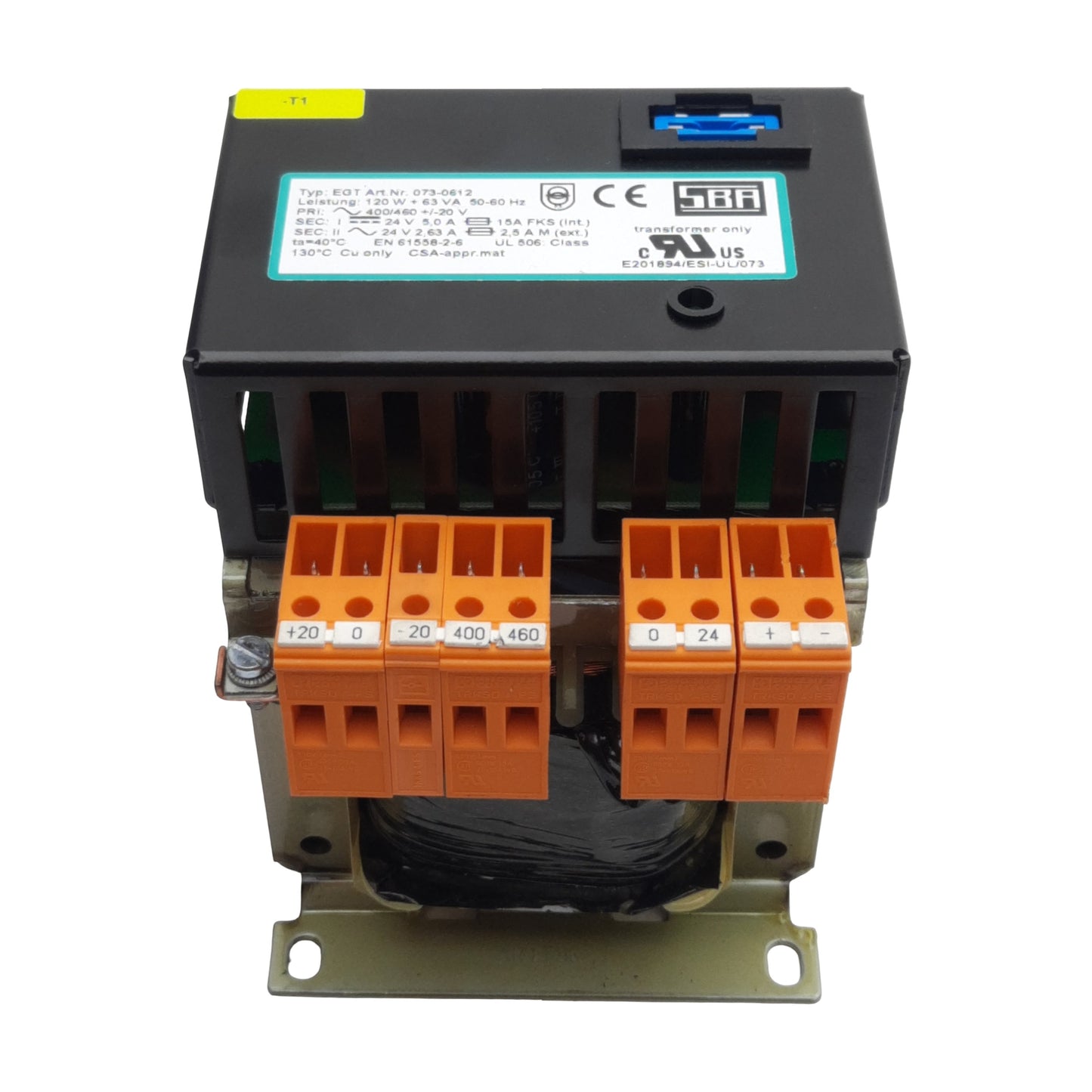 Used SBA 073-0612 EGT Transformer, 400/460VAC Pri, 24VDC 5A & 24VAC 2.63A Sec