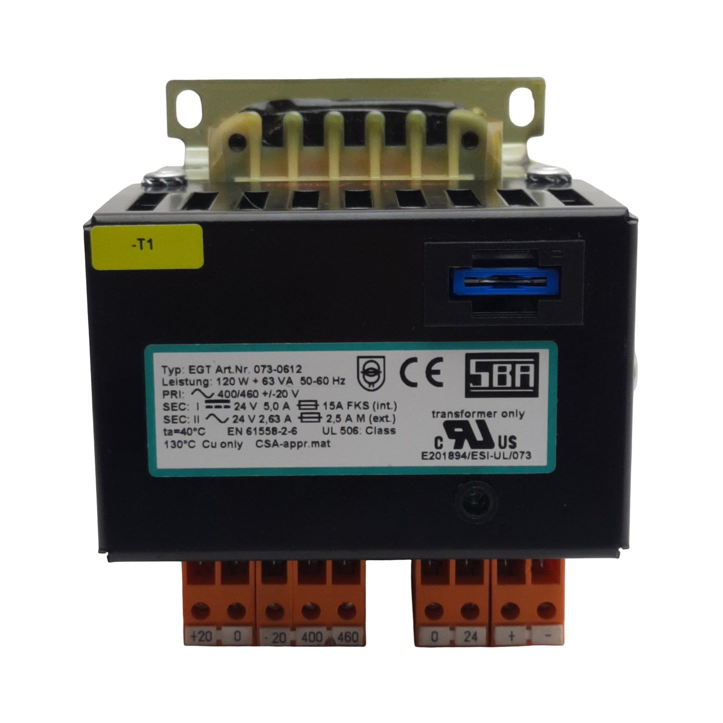 Used SBA 073-0612 EGT Transformer, 400/460VAC Pri, 24VDC 5A & 24VAC 2.63A Sec