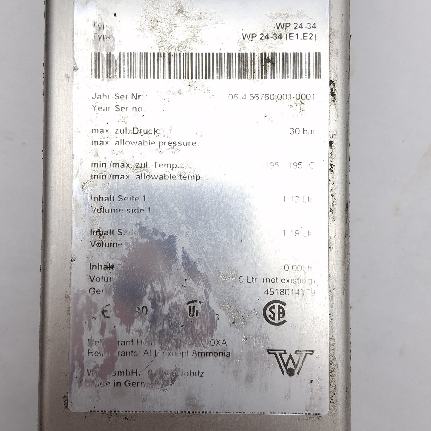 Used GEA WTT WP24-34 Brazed Plate Heat Exchanger, 1.12L Primary 1.19L Secondary, 1" G