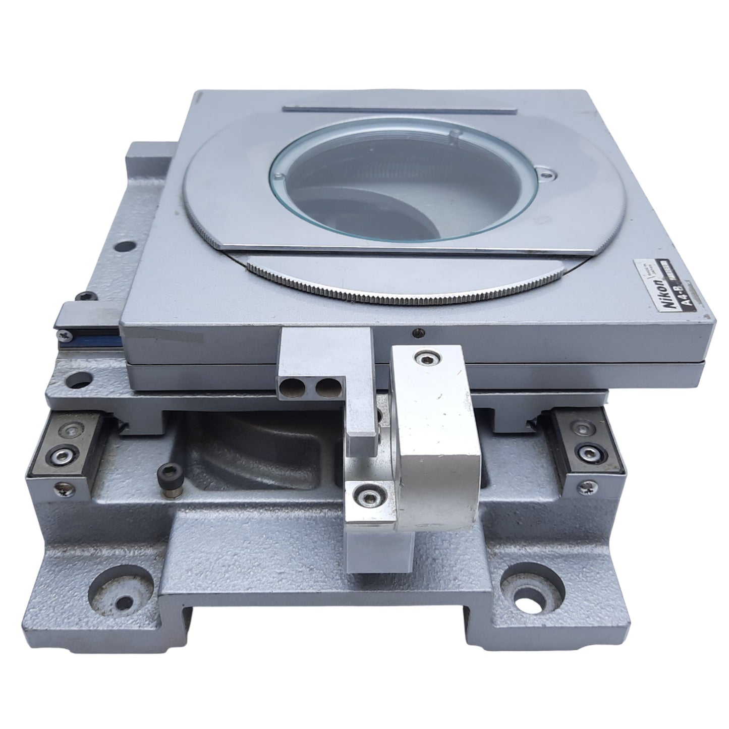 Used Nikon A4-B Heavy Duty XY Stage, Glass ø4.1", Dim. 10.25" L x 9" W x 3.25" H