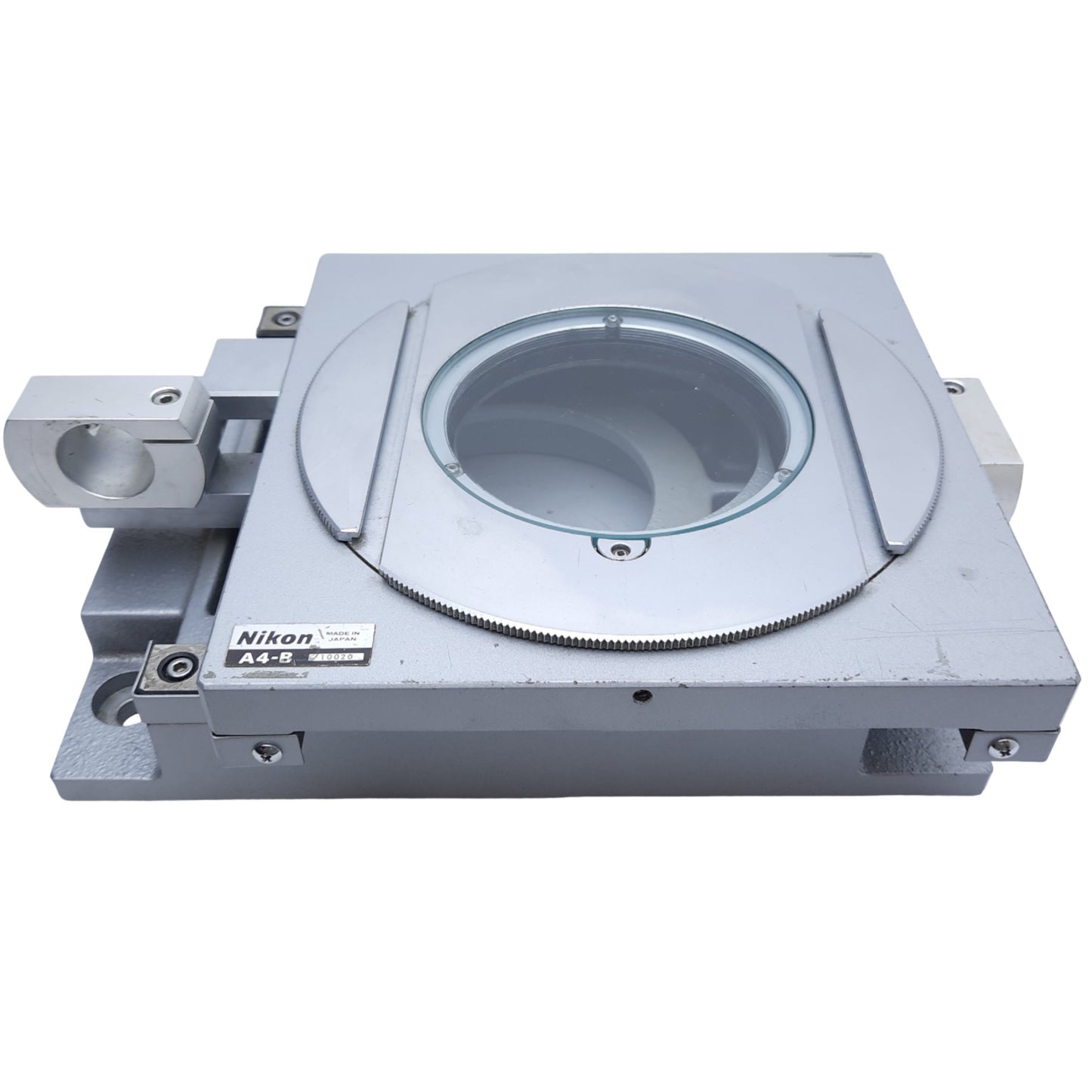 Used Nikon A4-B Heavy Duty XY Stage, Glass ø4.1", Dim. 10.25" L x 9" W x 3.25" H