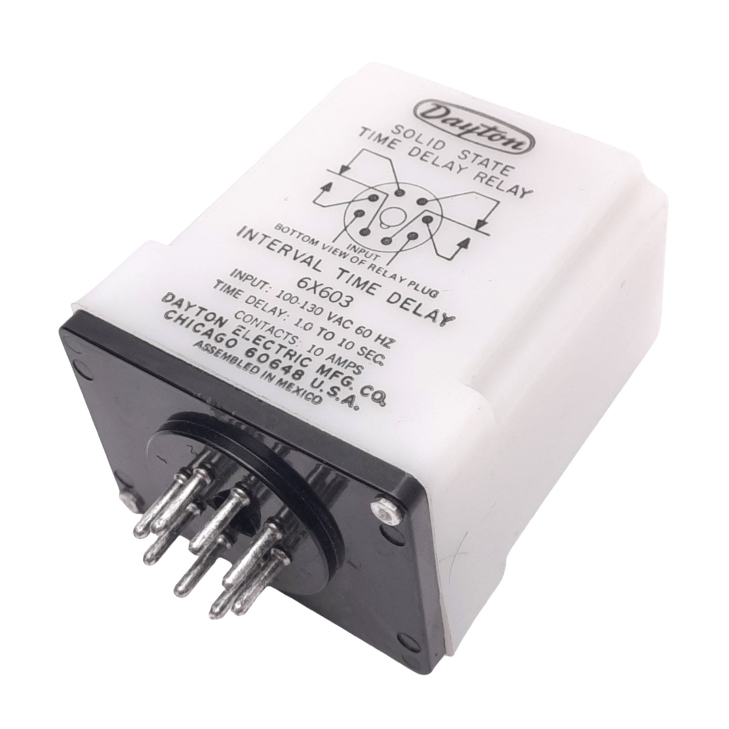 Used Dayton 6X603 Time Delay Relay, 100-30VAC In, 1.0 to 10sec Delay, 10A Max