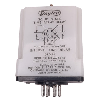 Used Dayton 6X603 Time Delay Relay, 100-30VAC In, 1.0 to 10sec Delay, 10A Max