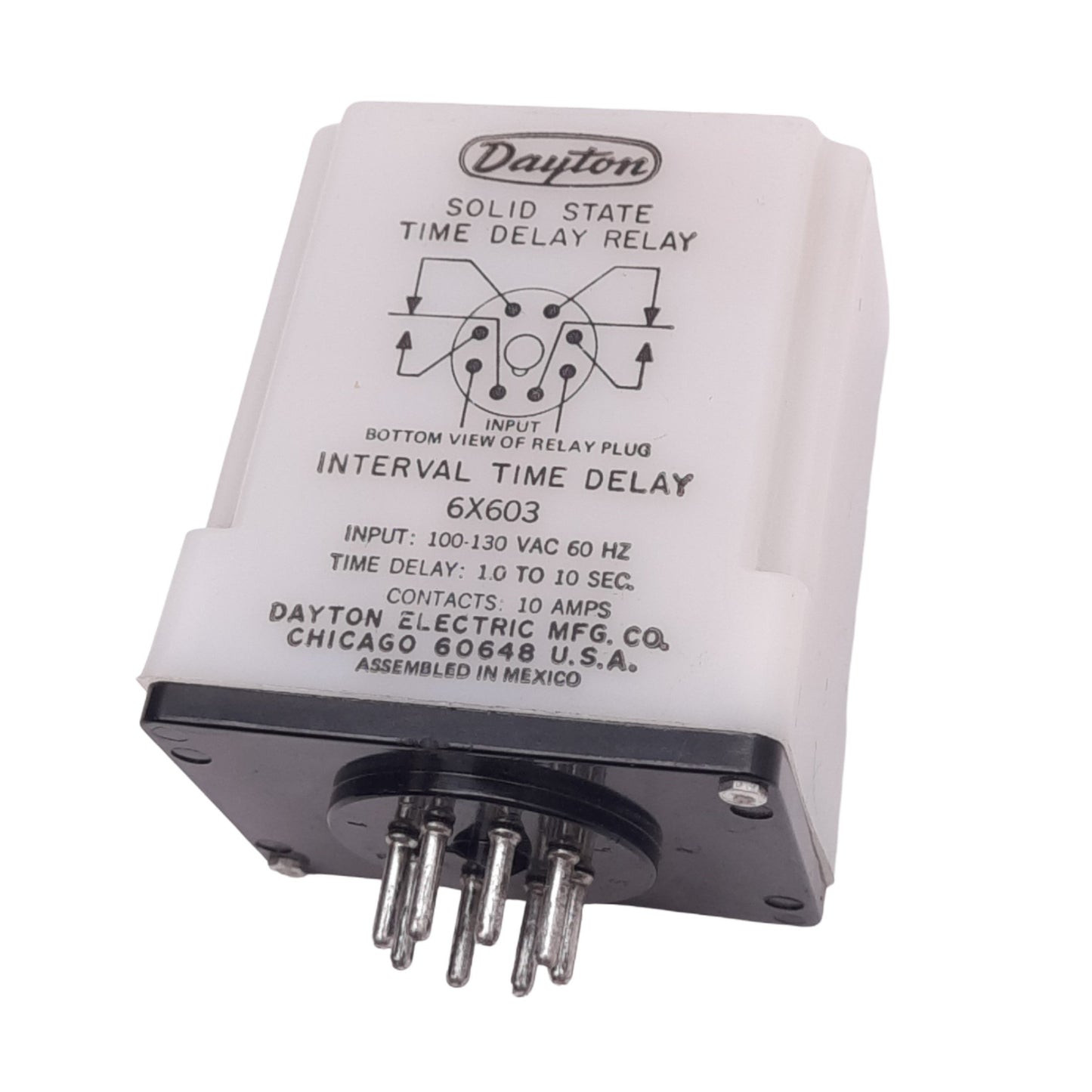 Used Dayton 6X603 Time Delay Relay, 100-30VAC In, 1.0 to 10sec Delay, 10A Max