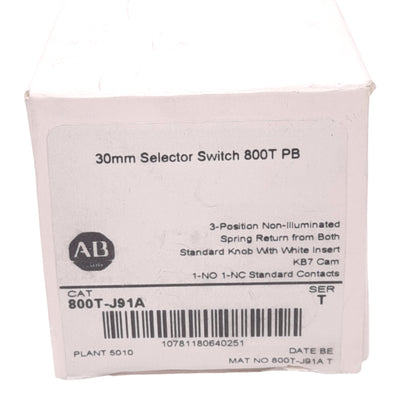 New Allen Bradley 800T-J91A Momentary Selector Switch, 3-Position, 1NO 1NC, 600V Max