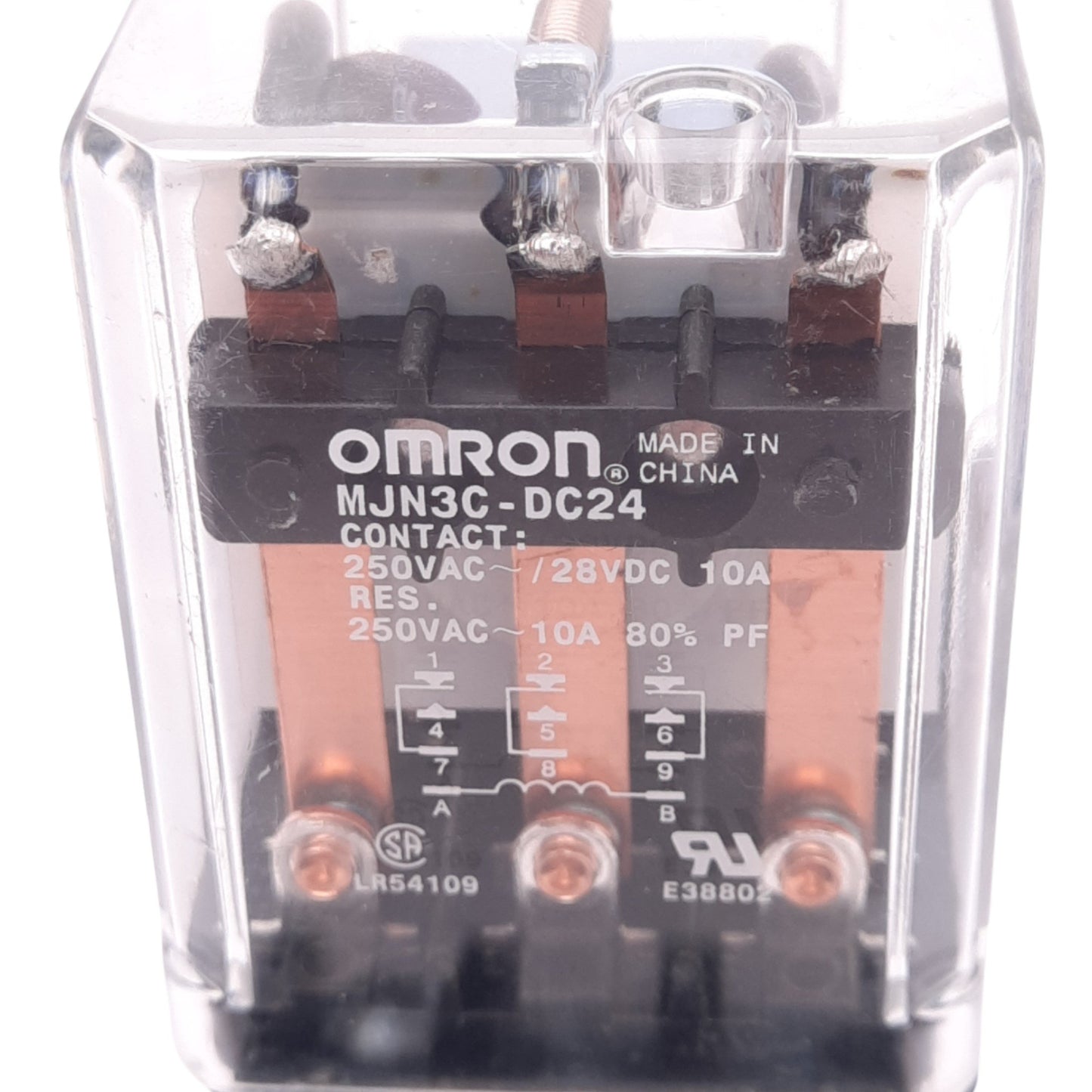 Used Omron MJN3C-DC24 Relay w/ Socket, 3PDT, 250VAC 10A Max, 24VDC Coil