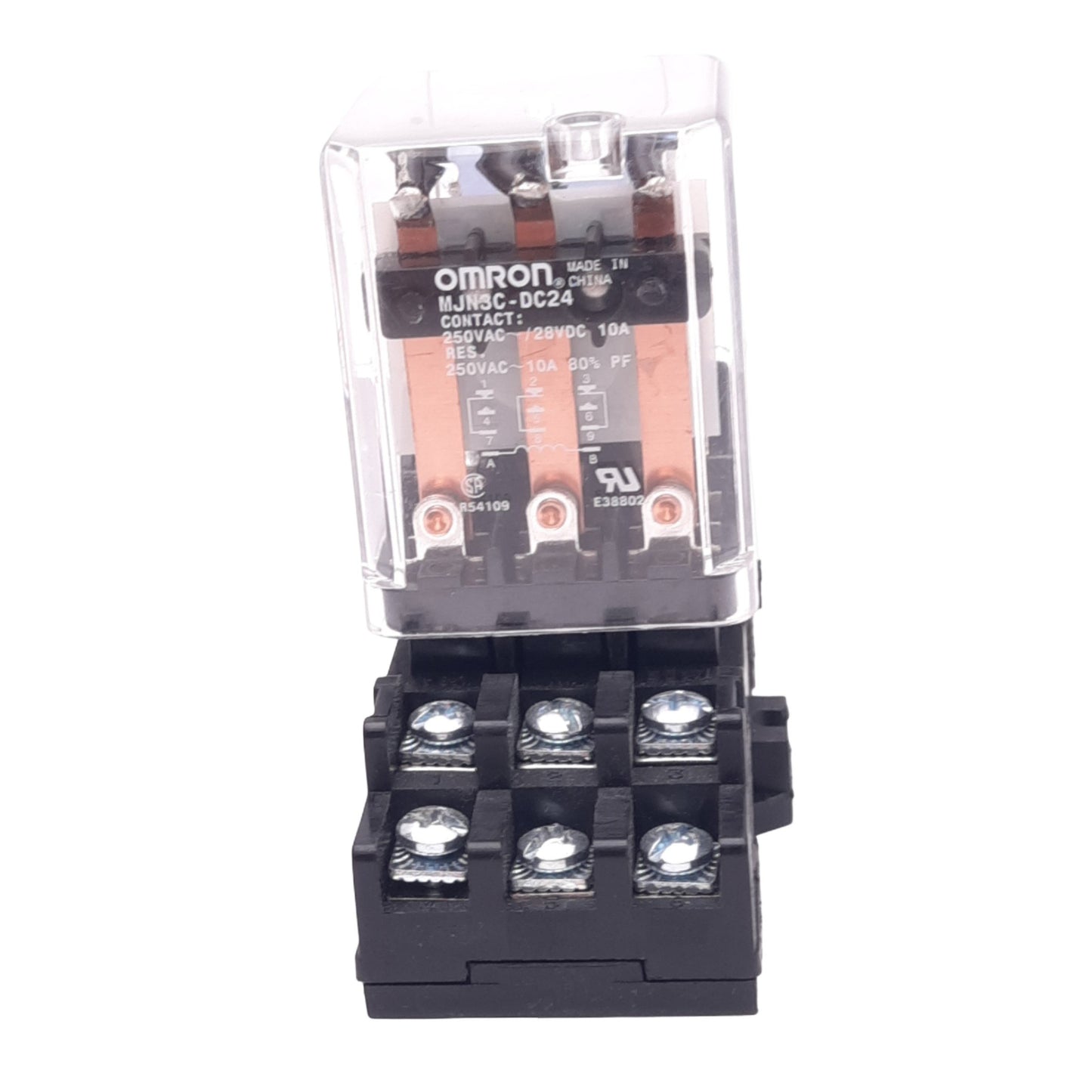 Used Omron MJN3C-DC24 Relay w/ Socket, 3PDT, 250VAC 10A Max, 24VDC Coil
