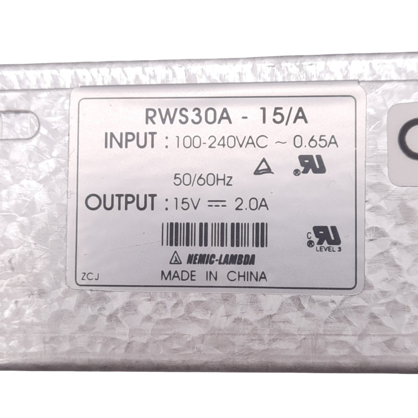 New – Open box TDK-Lambda RWS30A-15/A Power Supply, 100-240VAC 0.65A In, 15VDC 2.0A Out, 30W