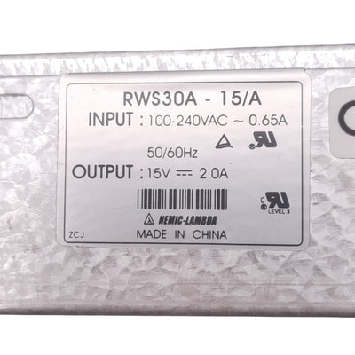 New – Open box TDK-Lambda RWS30A-15/A Power Supply, 100-240VAC 0.65A In, 15VDC 2.0A Out, 30W