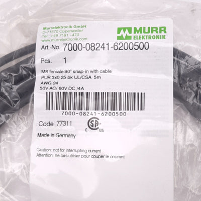 New Murr Elektronik 7000-08241-6200500 Cable, M8 3-Pin 90° Female, 50/60V, 5m Length