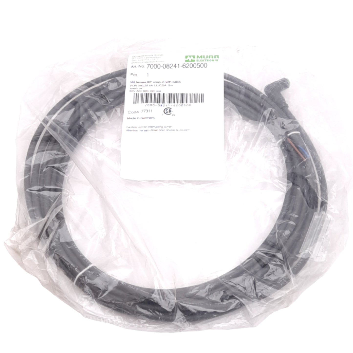 New Murr Elektronik 7000-08241-6200500 Cable, M8 3-Pin 90° Female, 50/60V, 5m Length