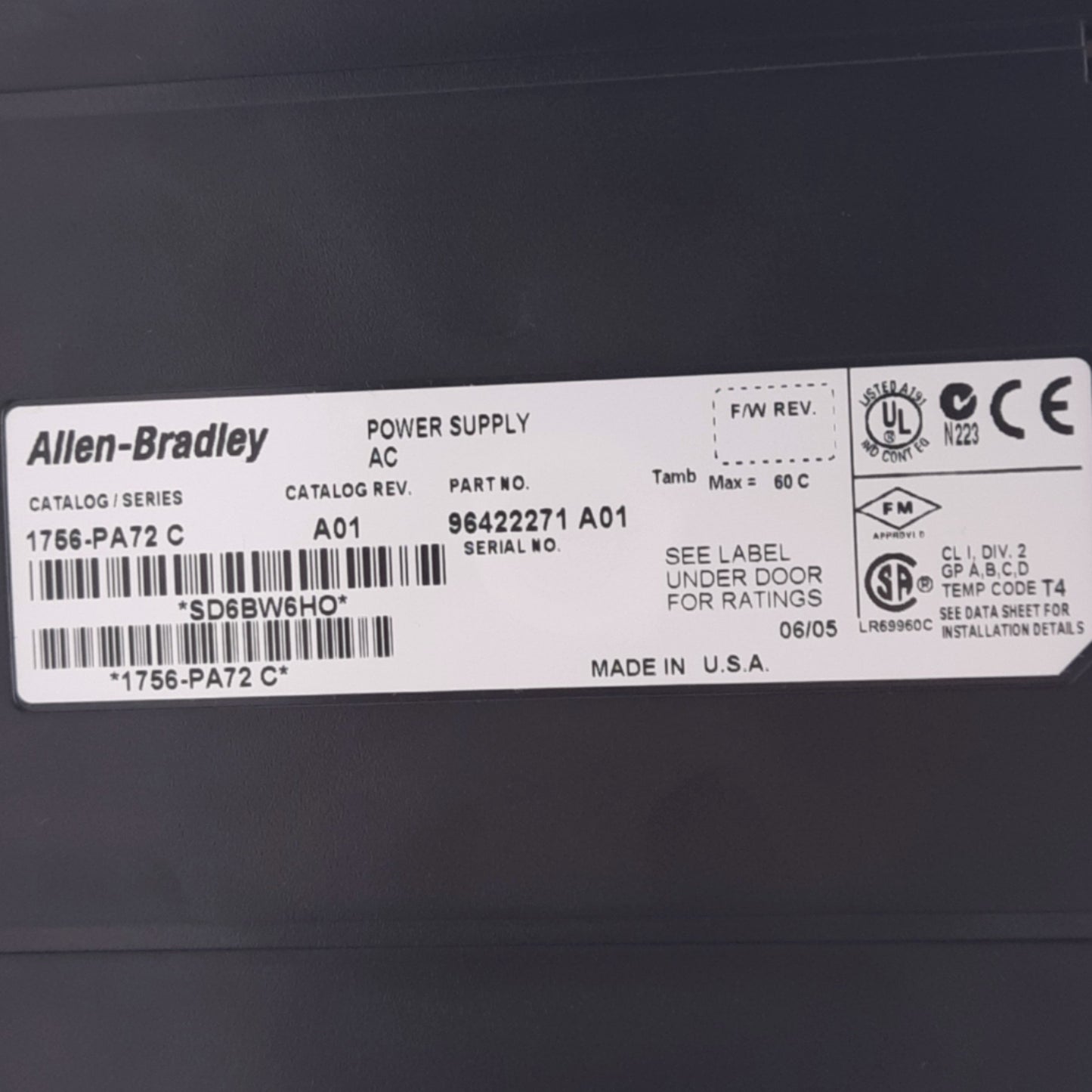 Used Allen Bradley 1756-PA72 C ControlLogix Power Supply w/ Chassis, 1.2-24VDC, 75W