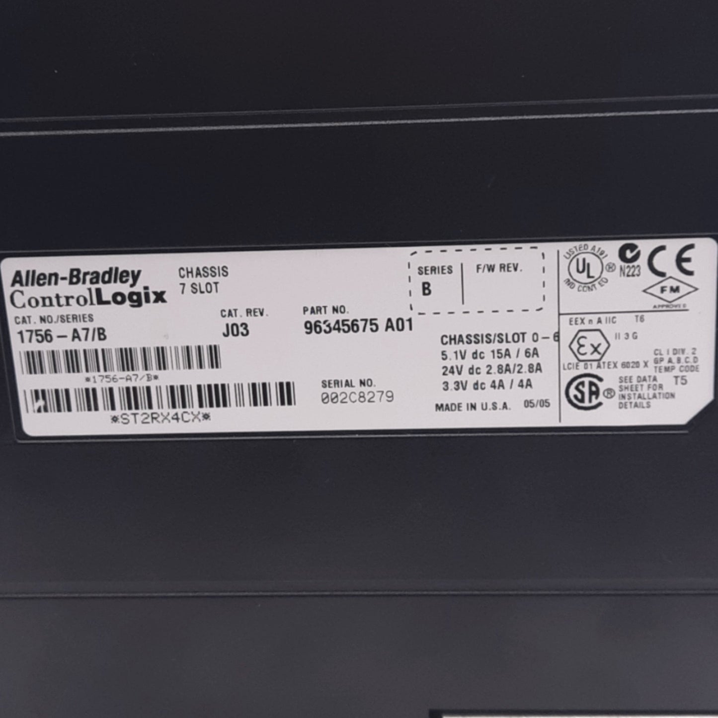 Used Allen Bradley 1756-PA72 C ControlLogix Power Supply w/ Chassis, 1.2-24VDC, 75W