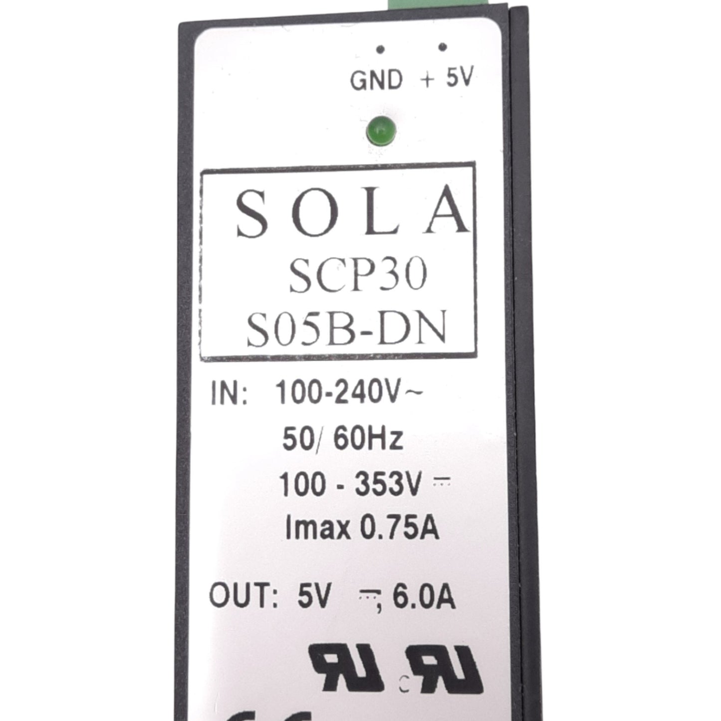 New Sola SCP30-S05B-DN Power Supply, 100-240VAC In, 5VDC 6A Out, 30W Max, DIN Rail
