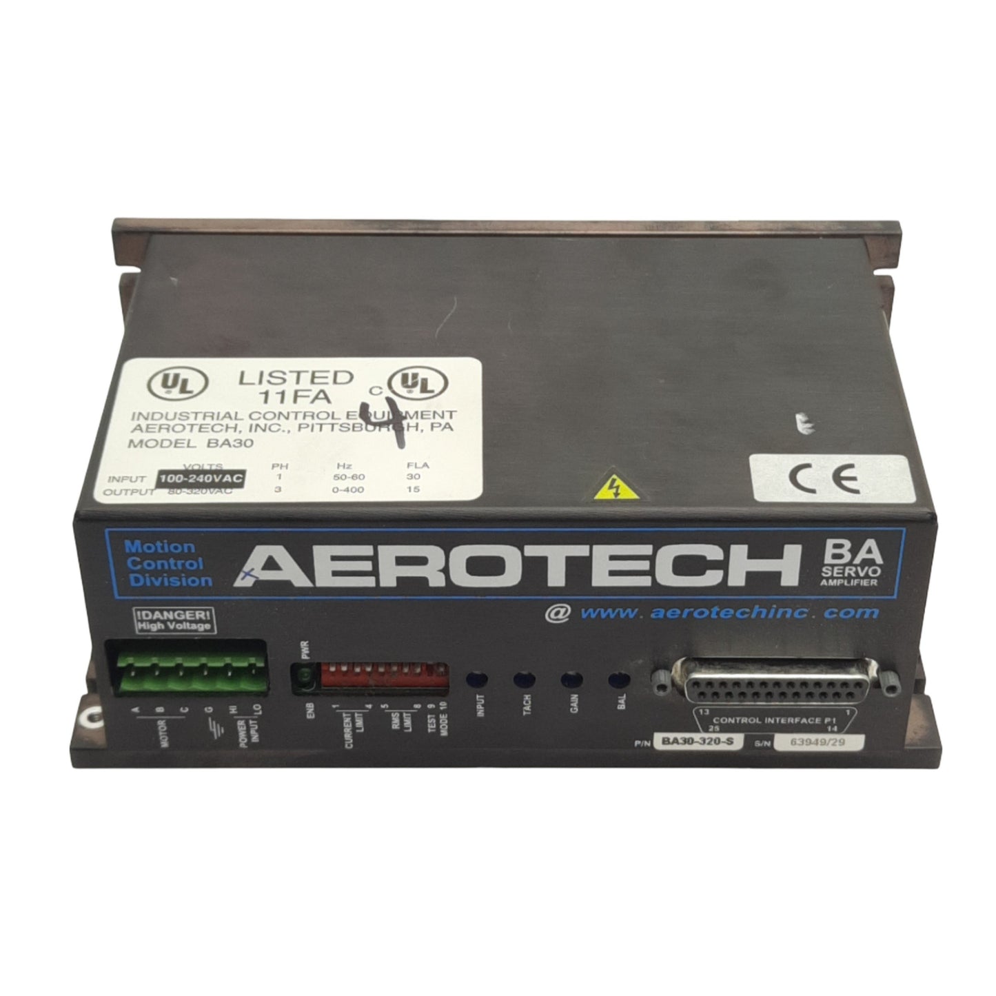 Used Aerotech BA30-320-S Servo Amplifier 320VDC Bus, 30A Peak, 56-230VAC Supply