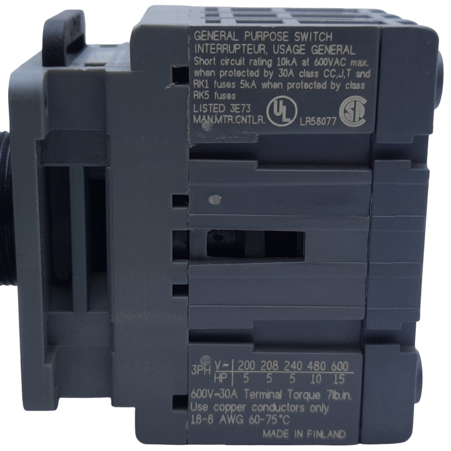 Used ABB OT32ET3 Rotary Disconnect Switch, 3-Pole, 30A 600VAC, Black, Panel Mount