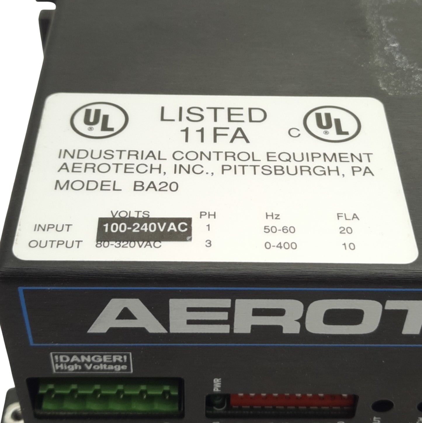 Used Aerotech BA20-320 Servo Amplifier 40-320VAC Output, 20A Peak, 56-230VAC Supply