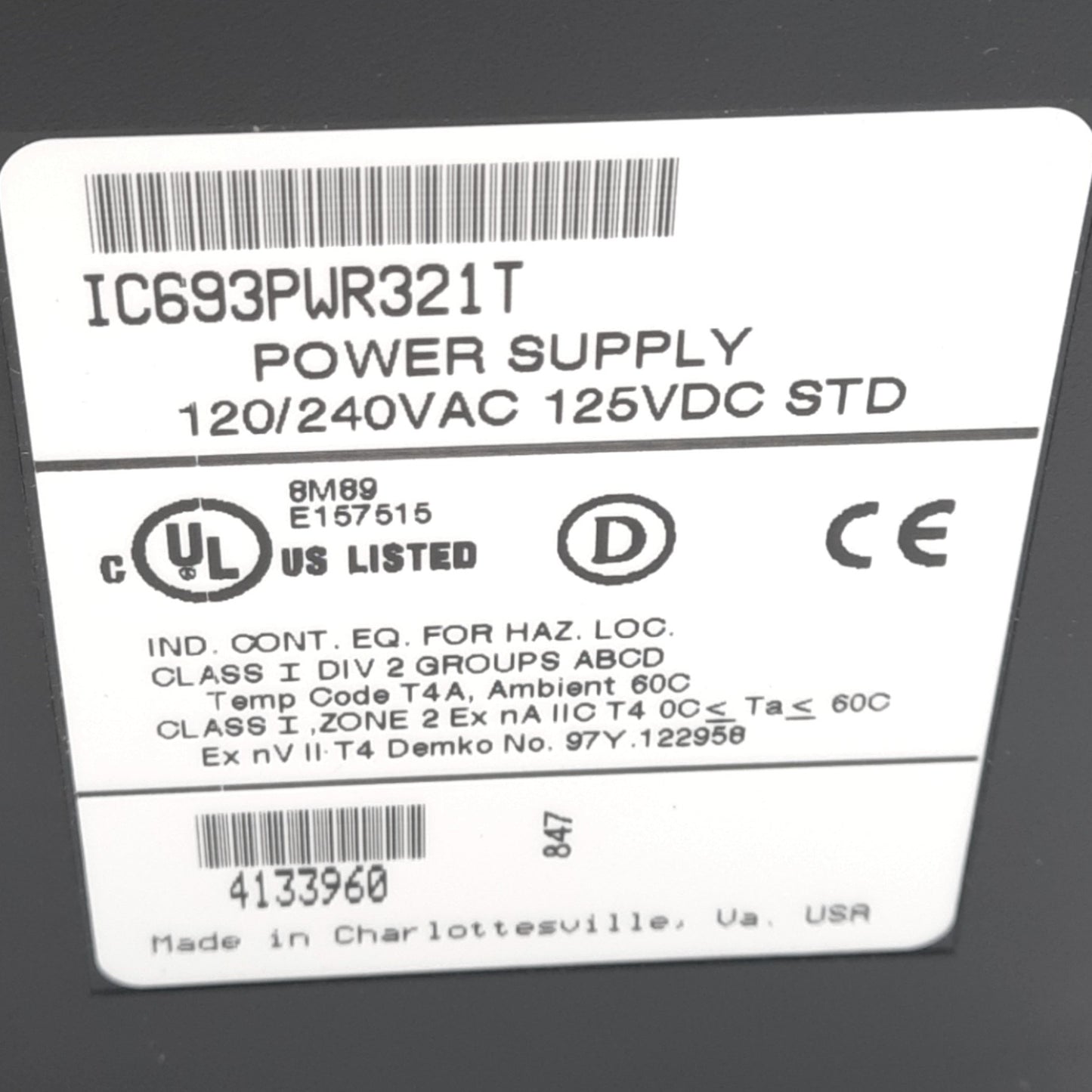 Used GE Fanuc IC693PWR321T Power Supply for 90-30 PLC, 120/240VAC In, 24VDC 0.8A Out