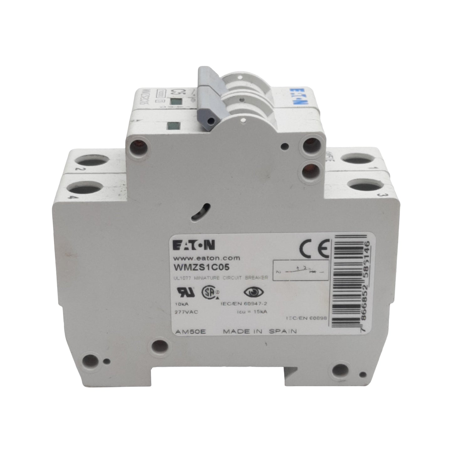 Used Eaton WMZS2C05 Circuit Breaker, 2-Pole, 5A 277VAC/48VDC, DIN Rail Mount