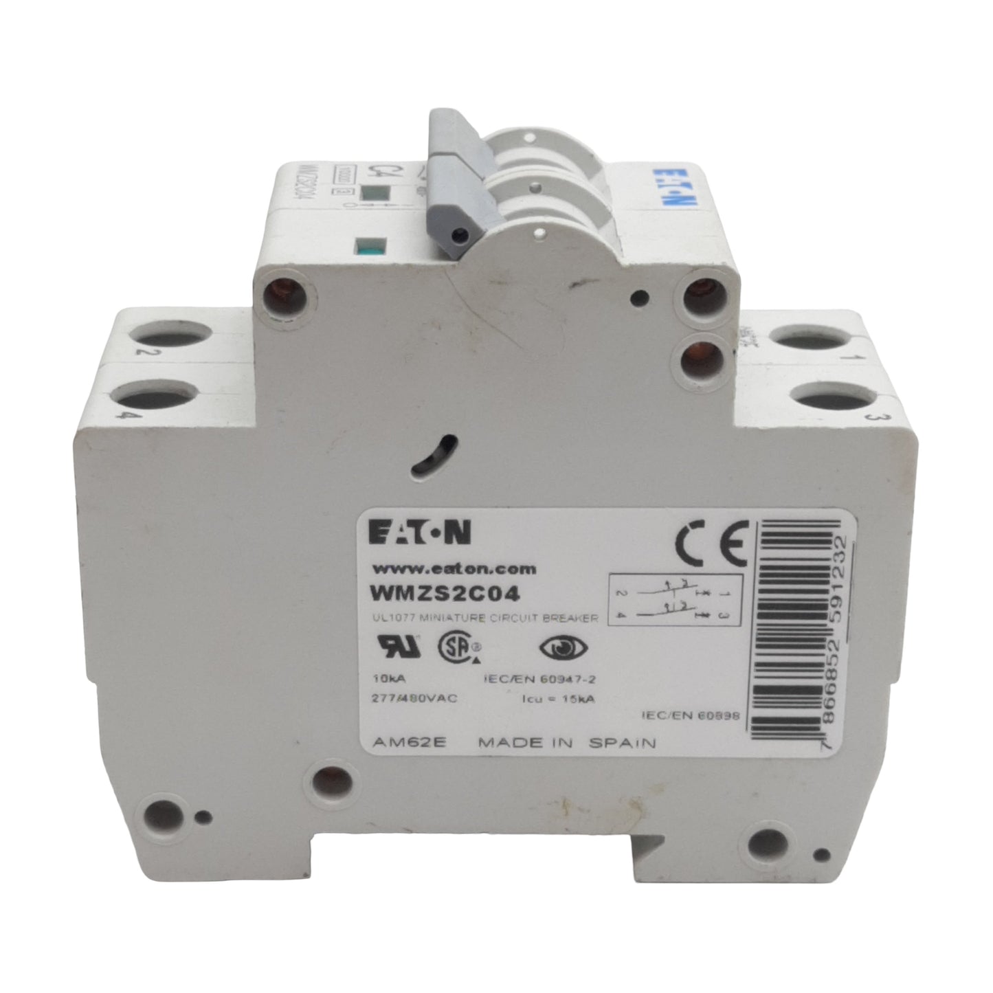 Used Eaton WMZS2C04 Circuit Breaker, 2-Pole, 4A 277/480VAC, DIN Rail Mount