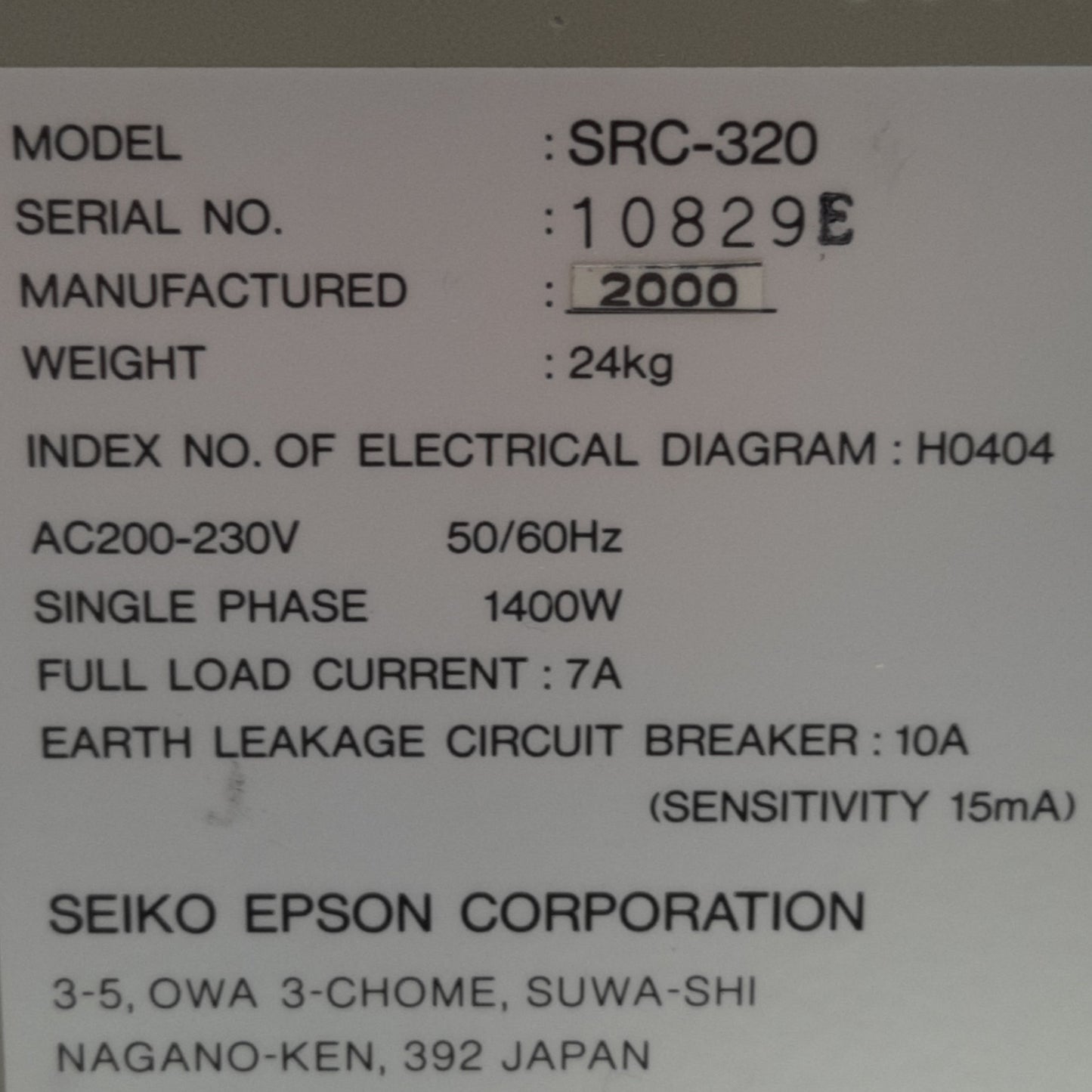 Used Epson SRC-320 Controller For 4-Axis Robot 200-230VAC, 7A, 16 Inputs/Outputs