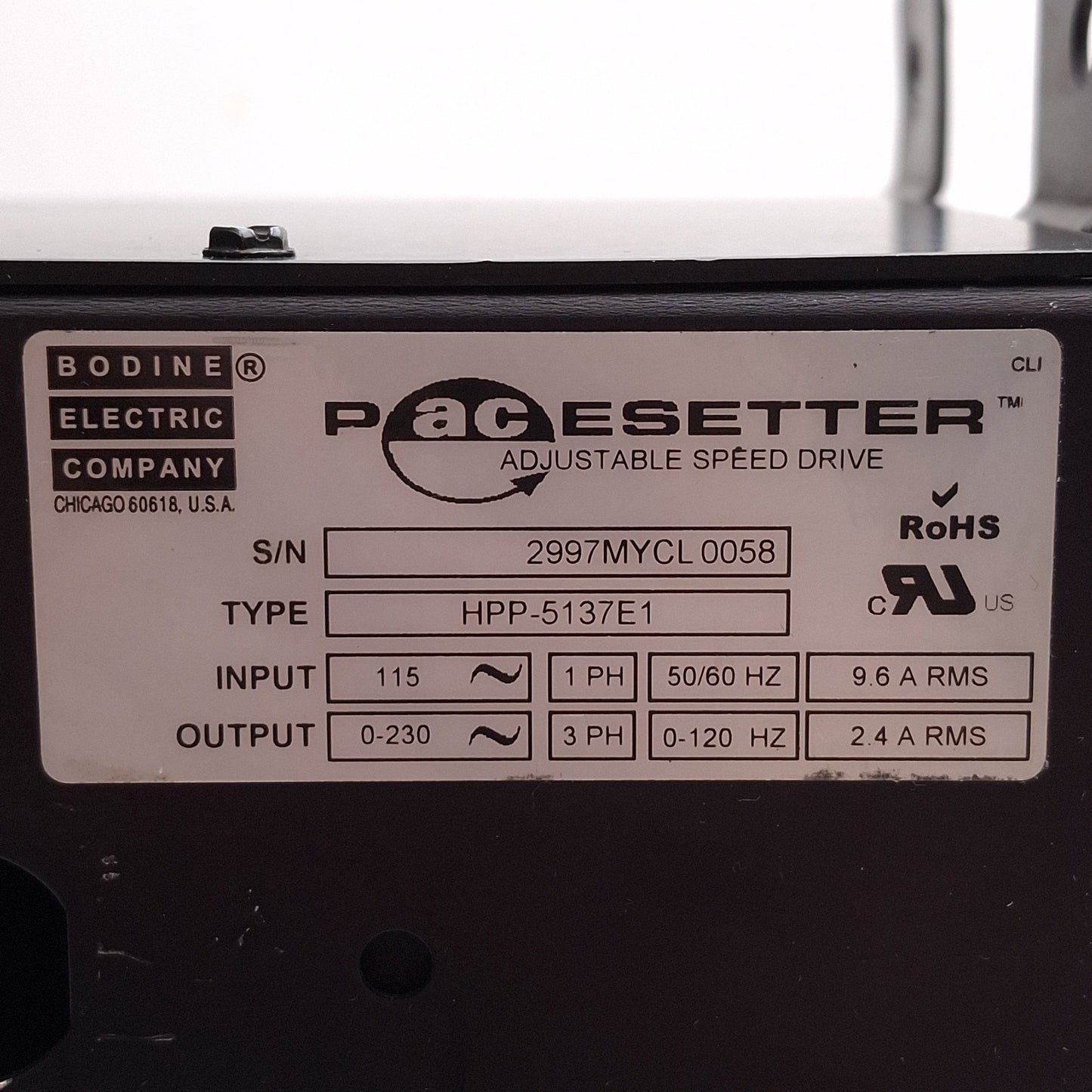 Used Bodine HPP-5137E1 Adjustable Speed Drive, 115VAC In, 3Ø 0-230VAC 0-120Hz Out