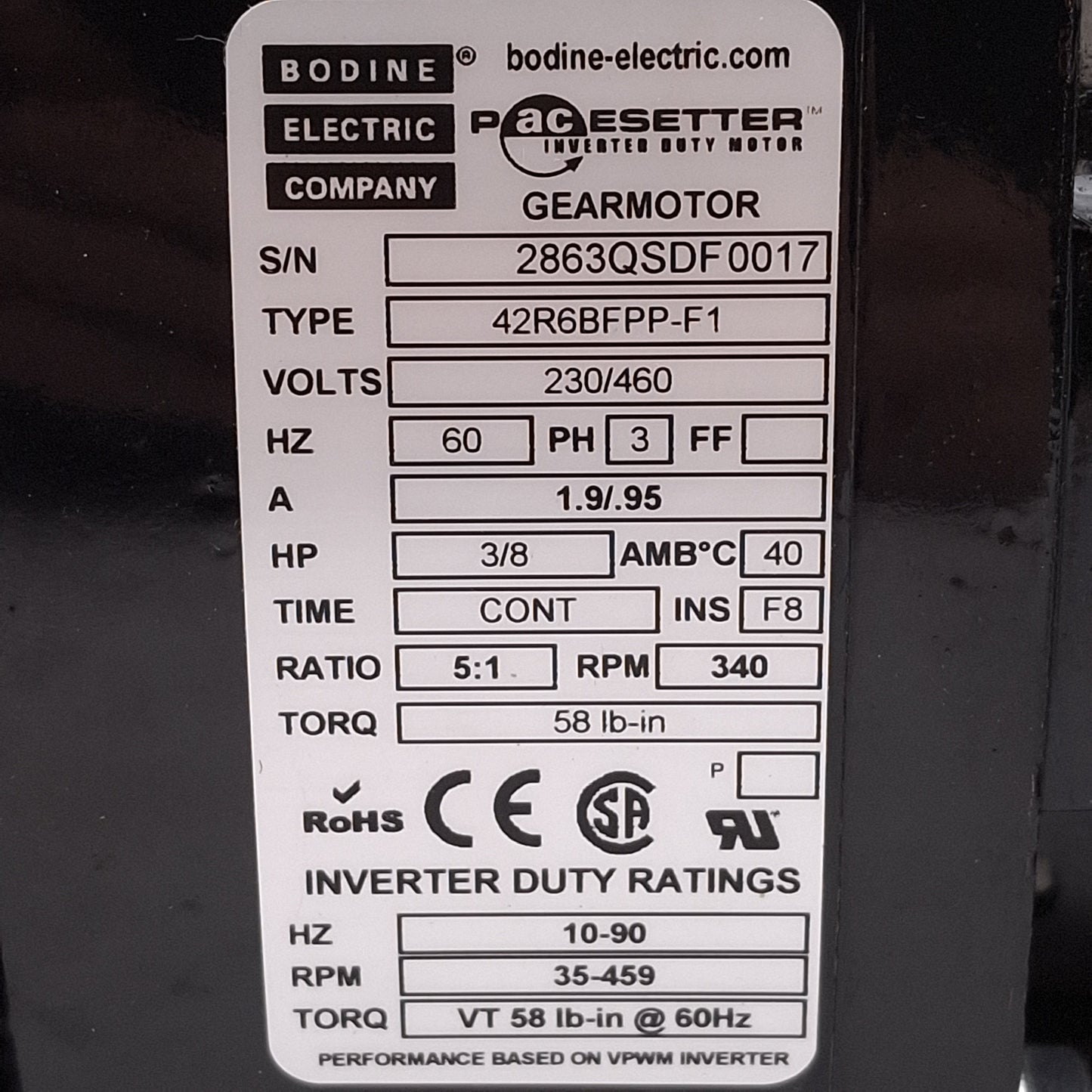 Used Bodine 42R6BFPP-F1 Gearmotor, 5:1, 3/8HP, 3Ø 230/460VAC, 58lb-in, ø3/4in Shaft