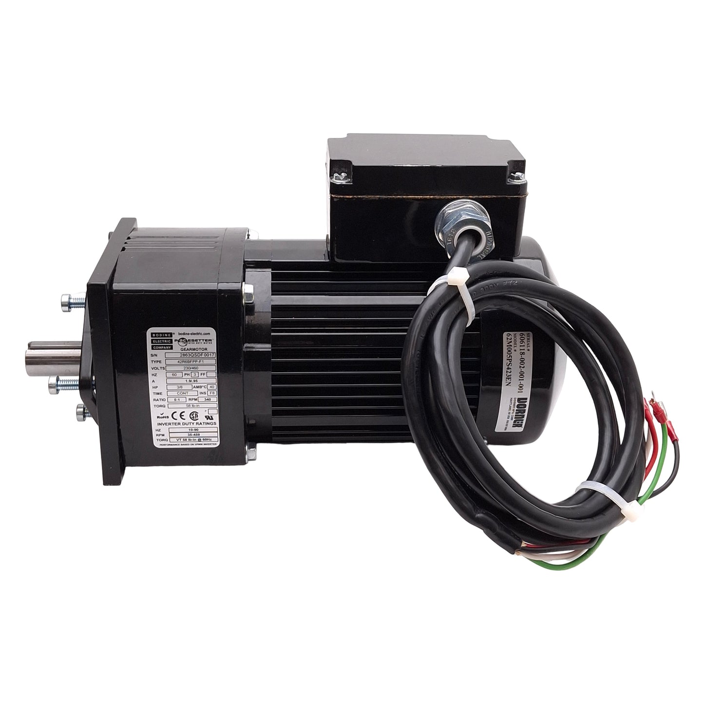 Used Bodine 42R6BFPP-F1 Gearmotor, 5:1, 3/8HP, 3Ø 230/460VAC, 58lb-in, ø3/4in Shaft