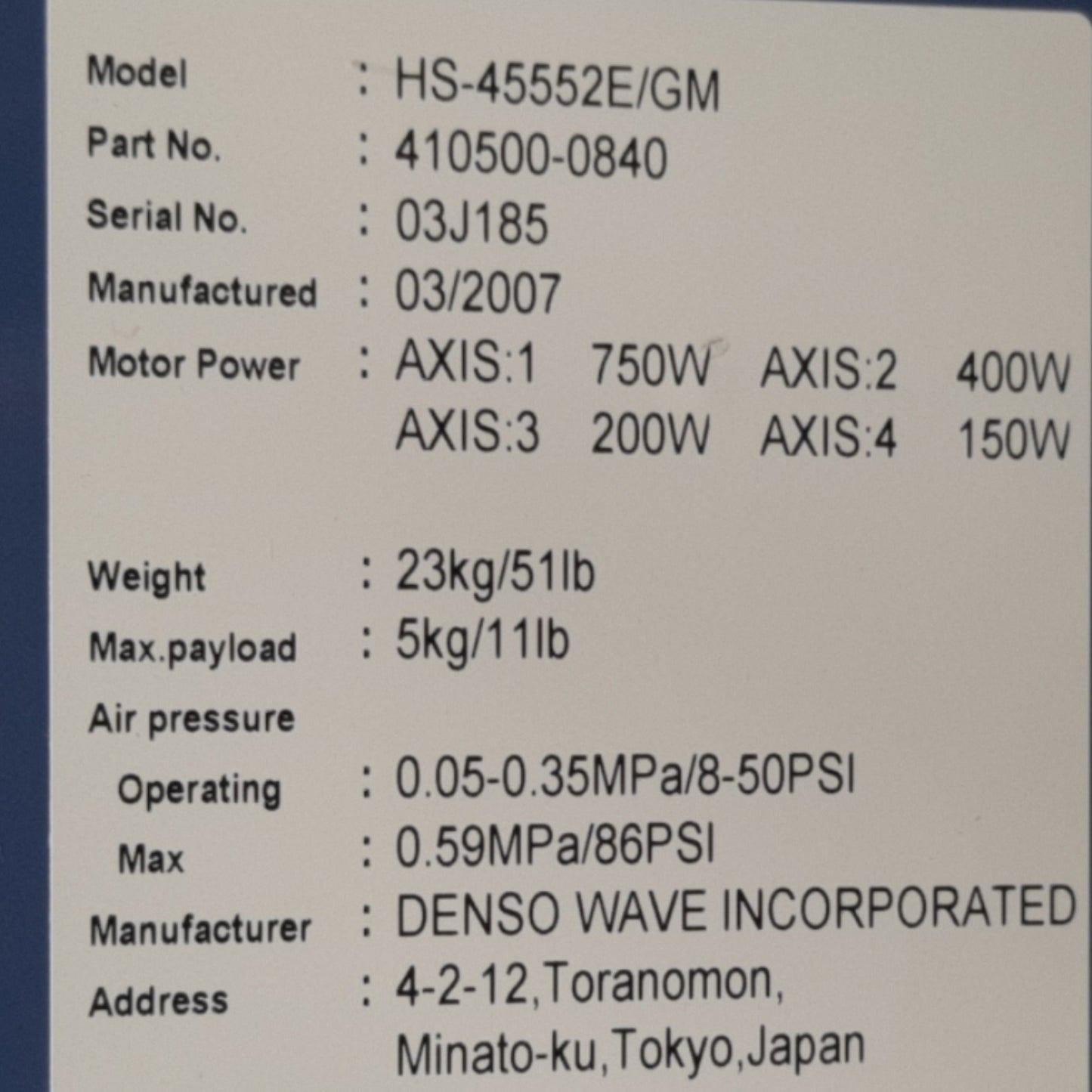 Used Denso HS-45552E/GM Horizontal Articulated Robot 550mm Length, 5kg Max, 7,100m/s