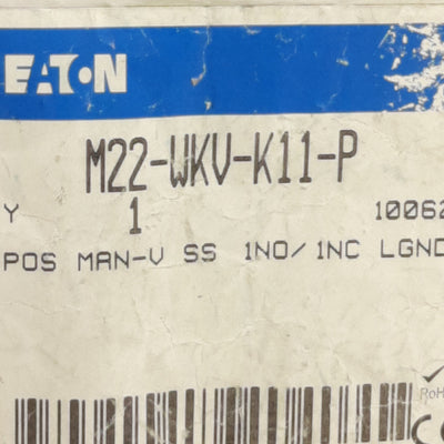 New Eaton M22-WKV-K11-P Selector Switch 22.5mm, 1NO-1NC, 2-Position, 600V 10A