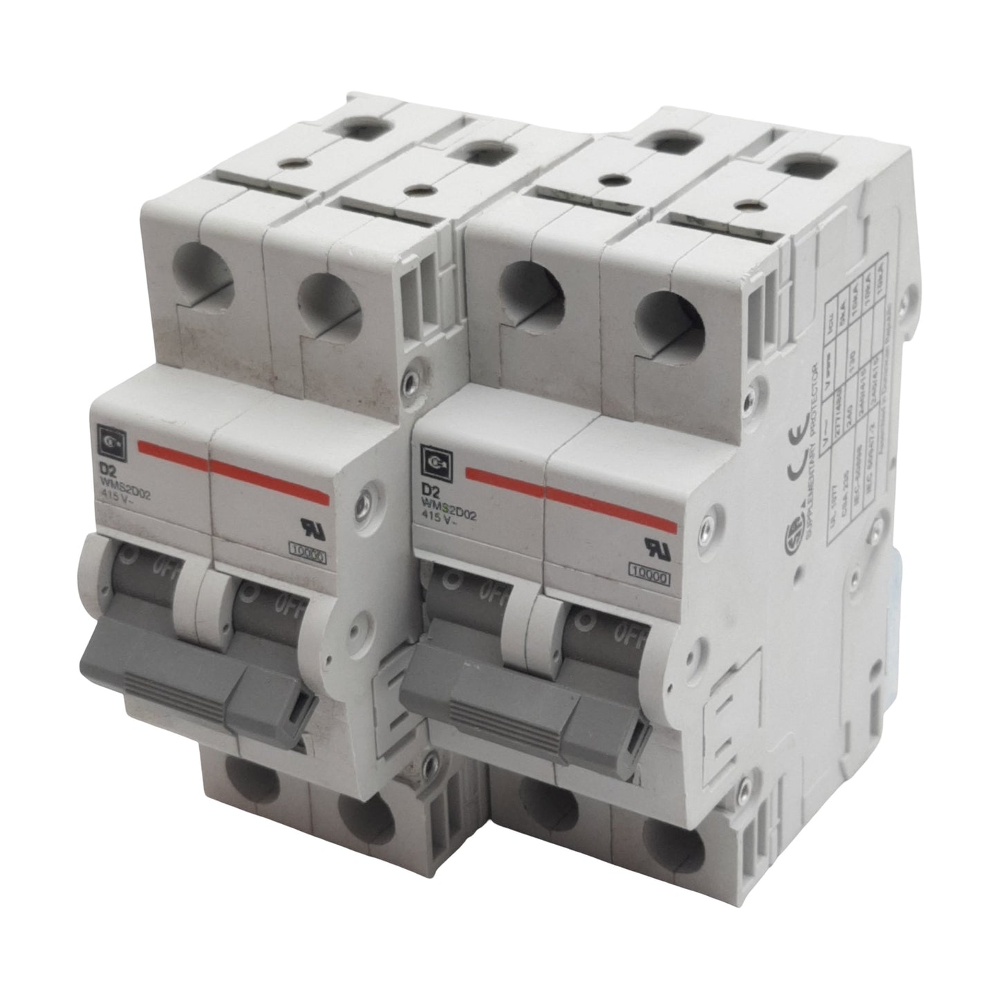 Used Lot of 2 Cutler-Hammer WMS2D02 Circuit Breaker, 2-Pole, 2A 240/415VAC, DIN Rail