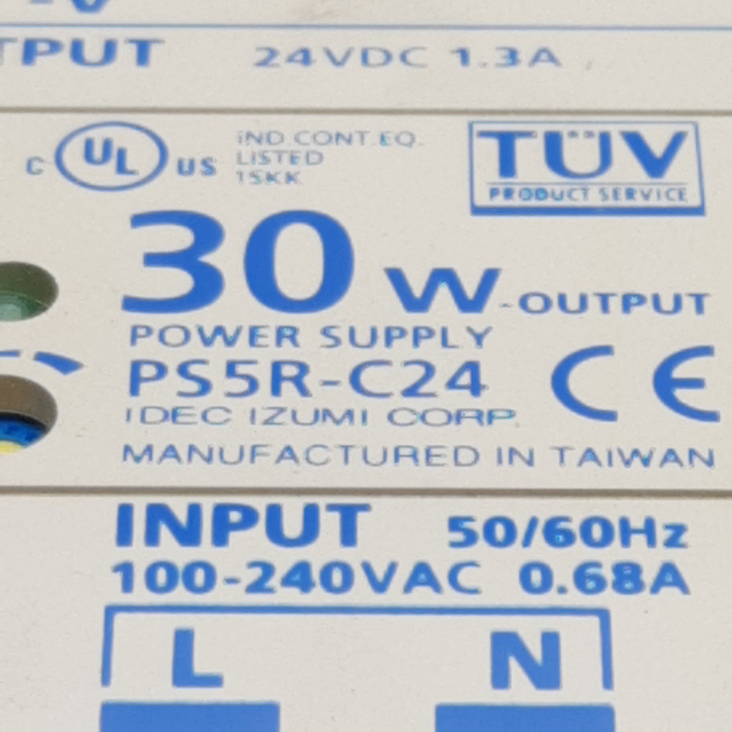 Used Idec PS5R-C24 Power Supply, 100-240VAC In, 1.3A 24VDC 30W Out, DIN Rail