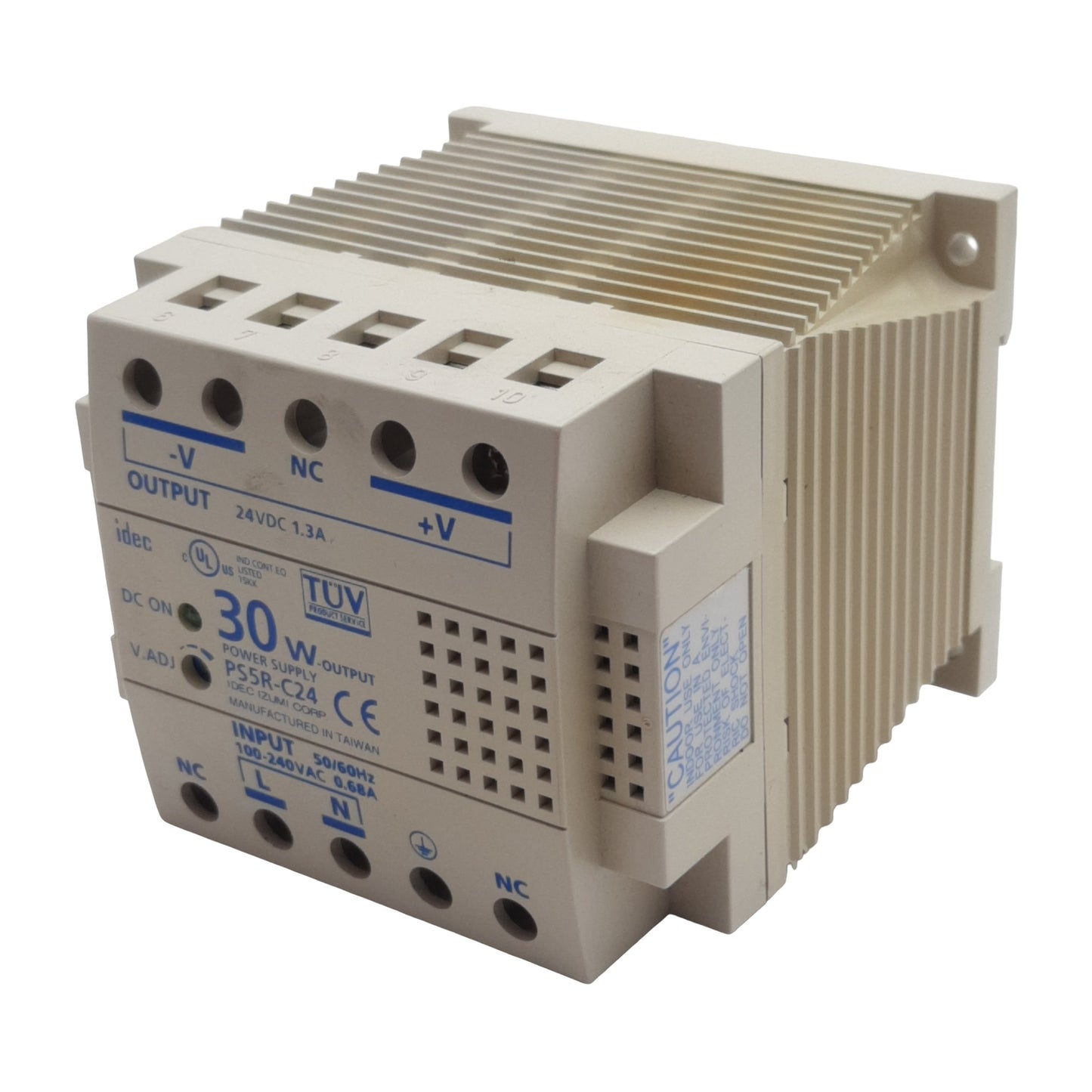 Used Idec PS5R-C24 Power Supply, 100-240VAC In, 1.3A 24VDC 30W Out, DIN Rail